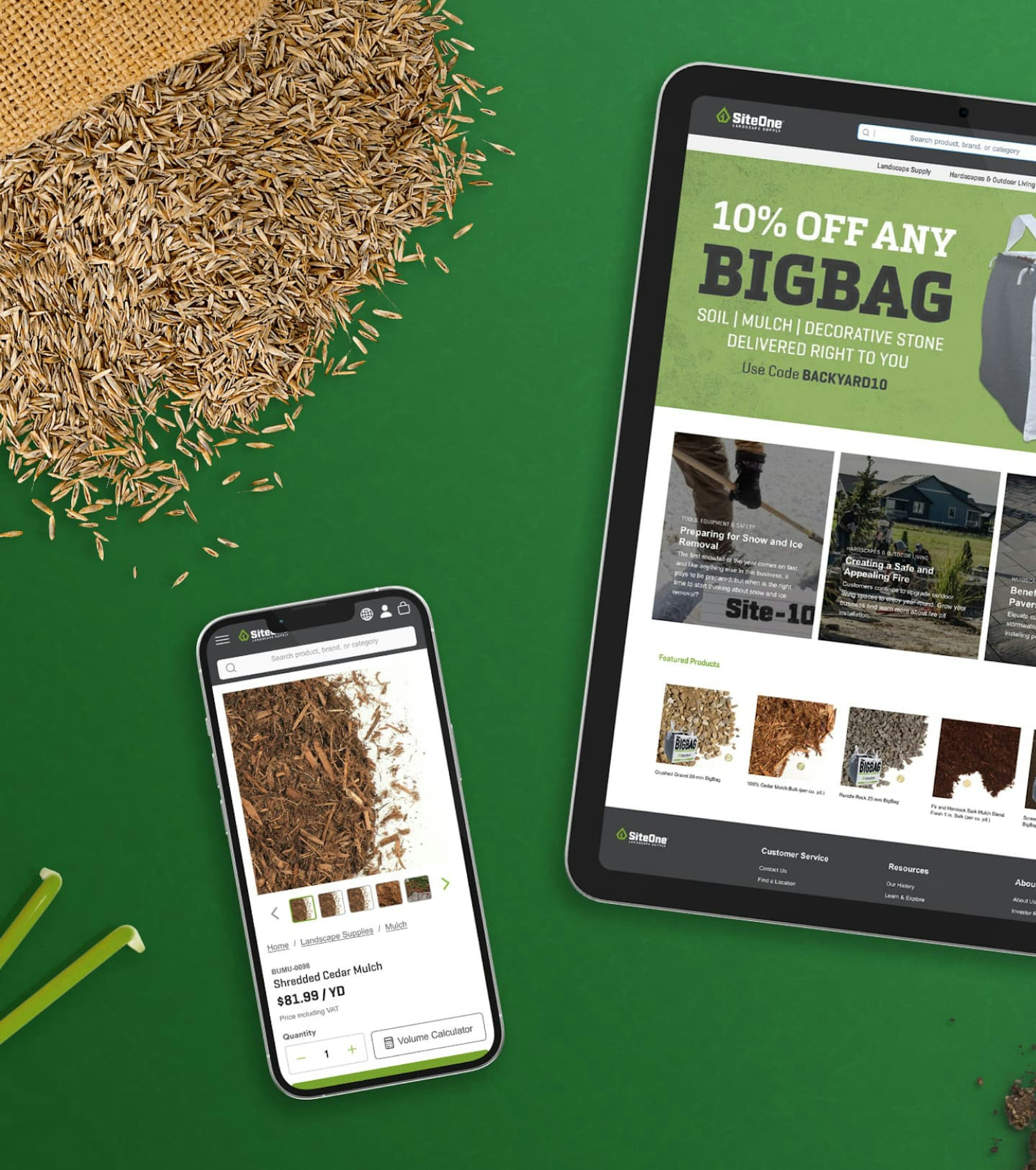 Flatlay of SiteOne website on an iPad and an iPhone surrounded by grass seeds.