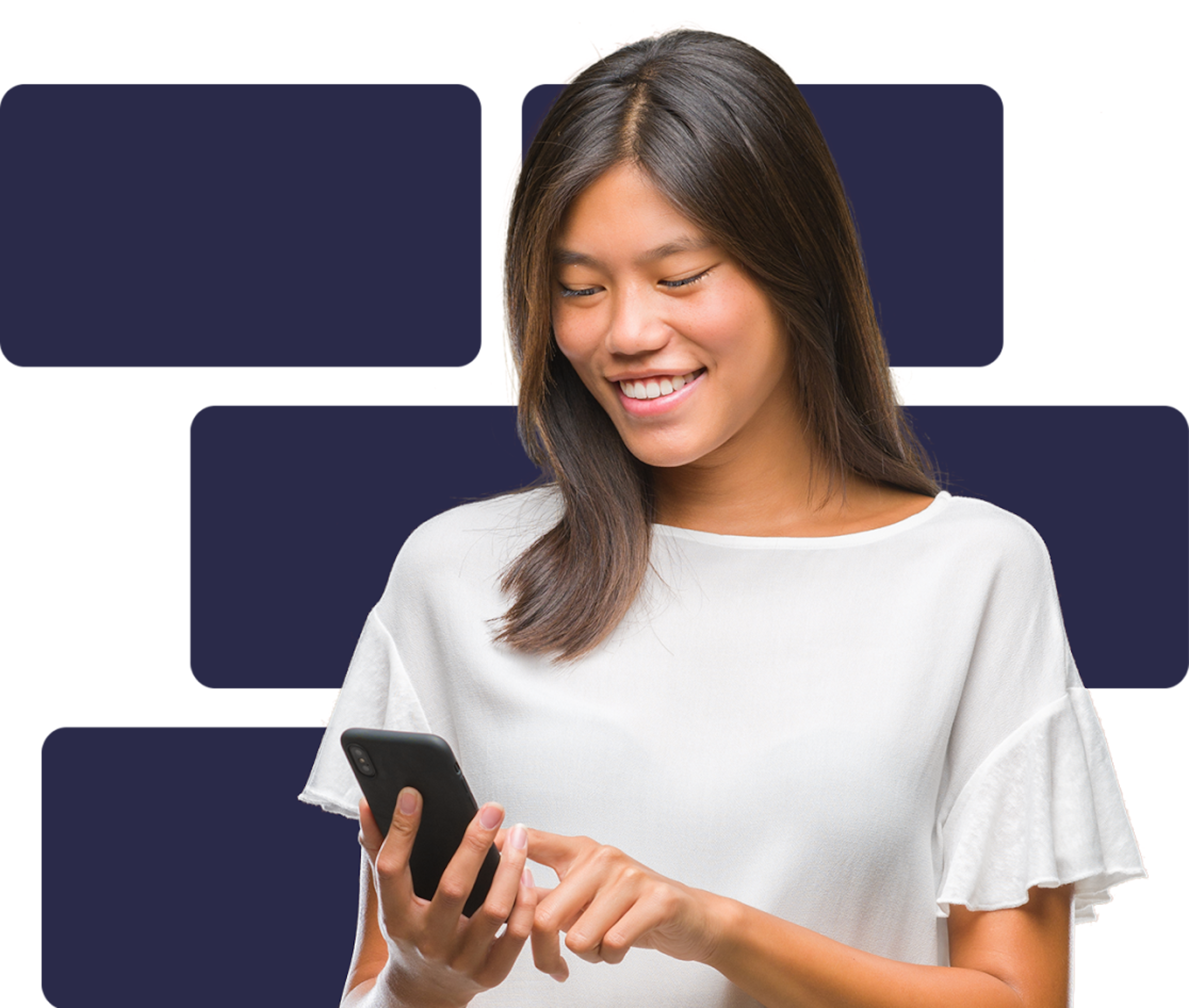 A woman wearing a white shirt is holding a cell phone in one hand and using the other to touch the screen. The background behind her is dark purple rectangles on a lighter purple.