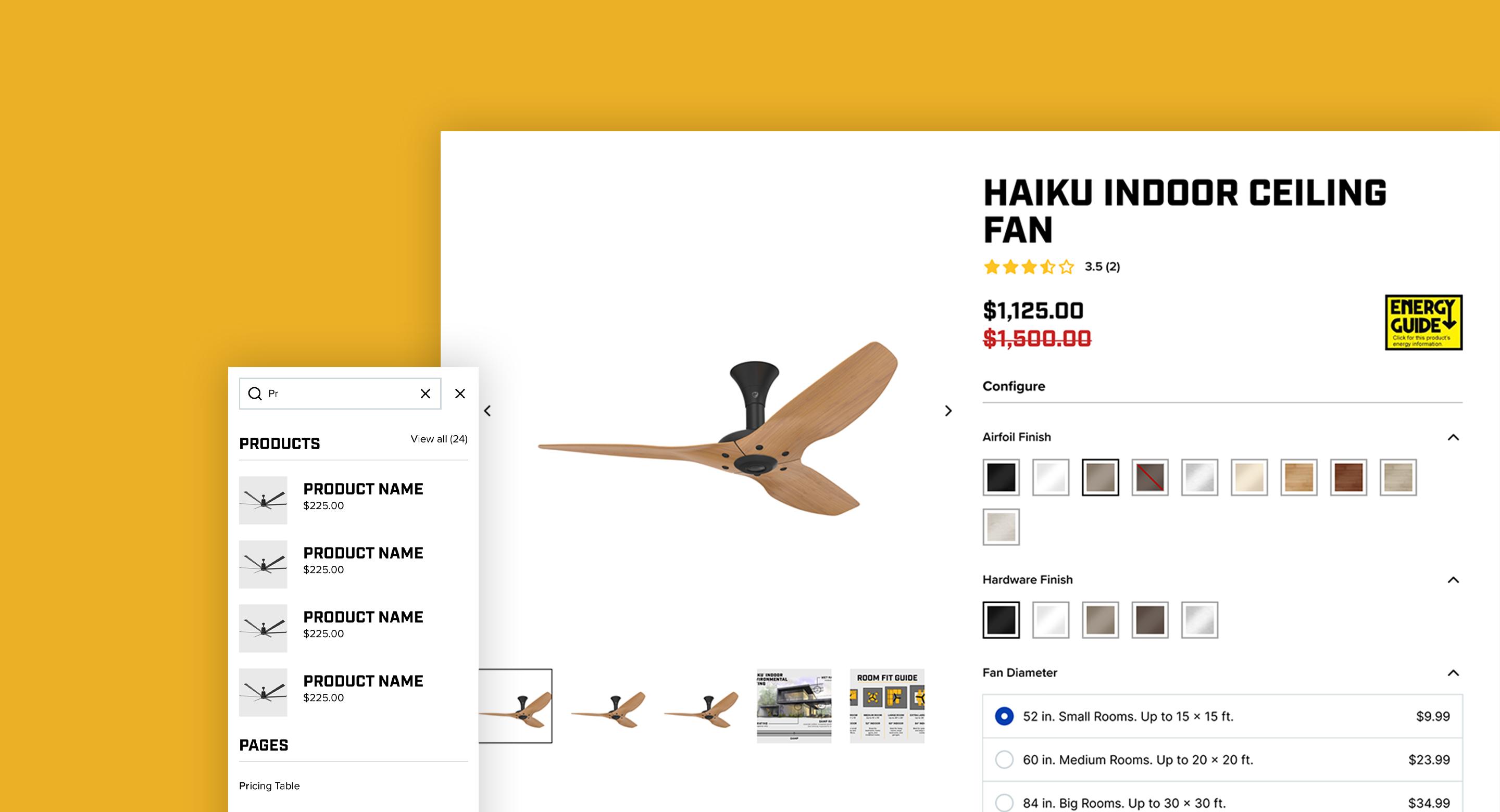 Página de producto de Big Ass Fans para el ventilador de techo interior Haiku mostrando opciones de configuración de acabado, herrajes y tamaño.
