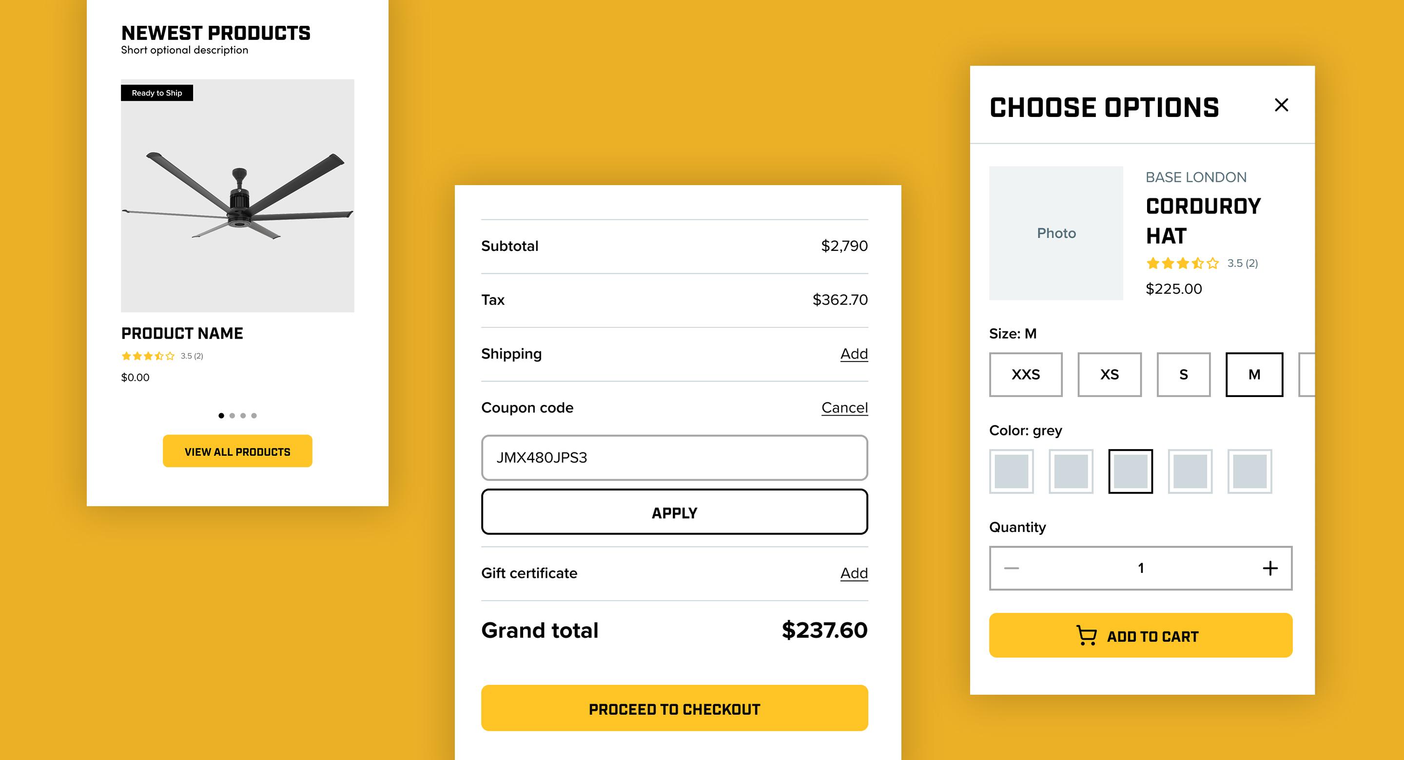 Collage de paneles de interfaz de ecommerce mostrando una tarjeta de producto, un resumen de pedido y una ventana modal de opciones de producto.