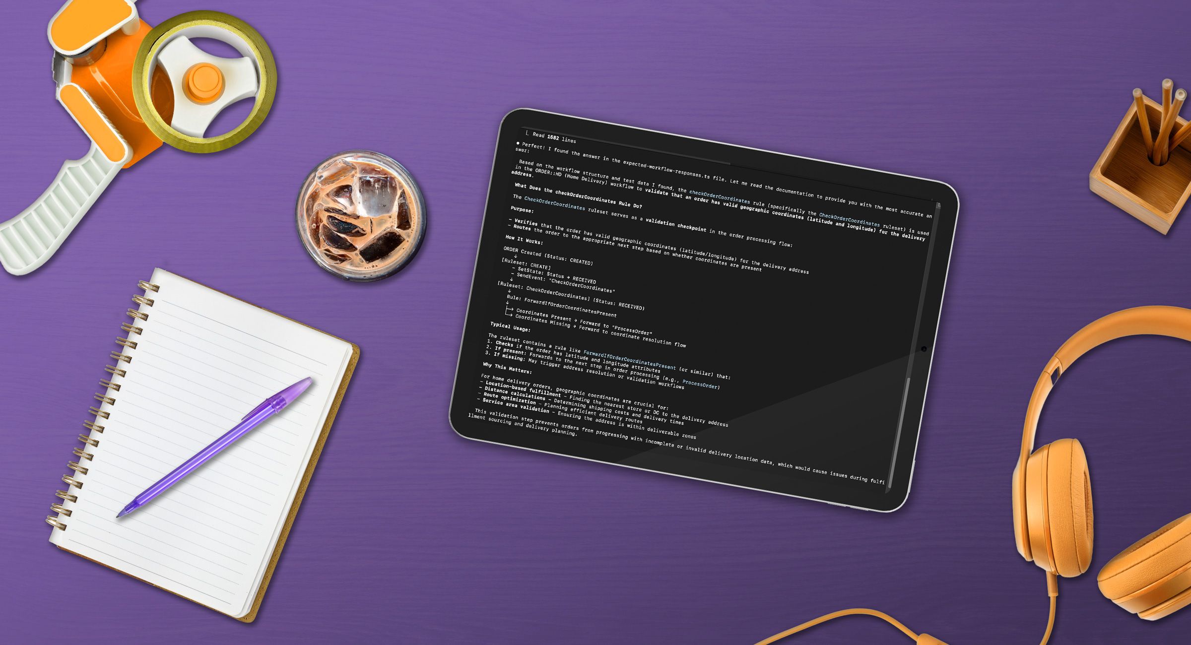 Top-down workspace with tablet displaying code, notebook, headphones, and work tools on purple background