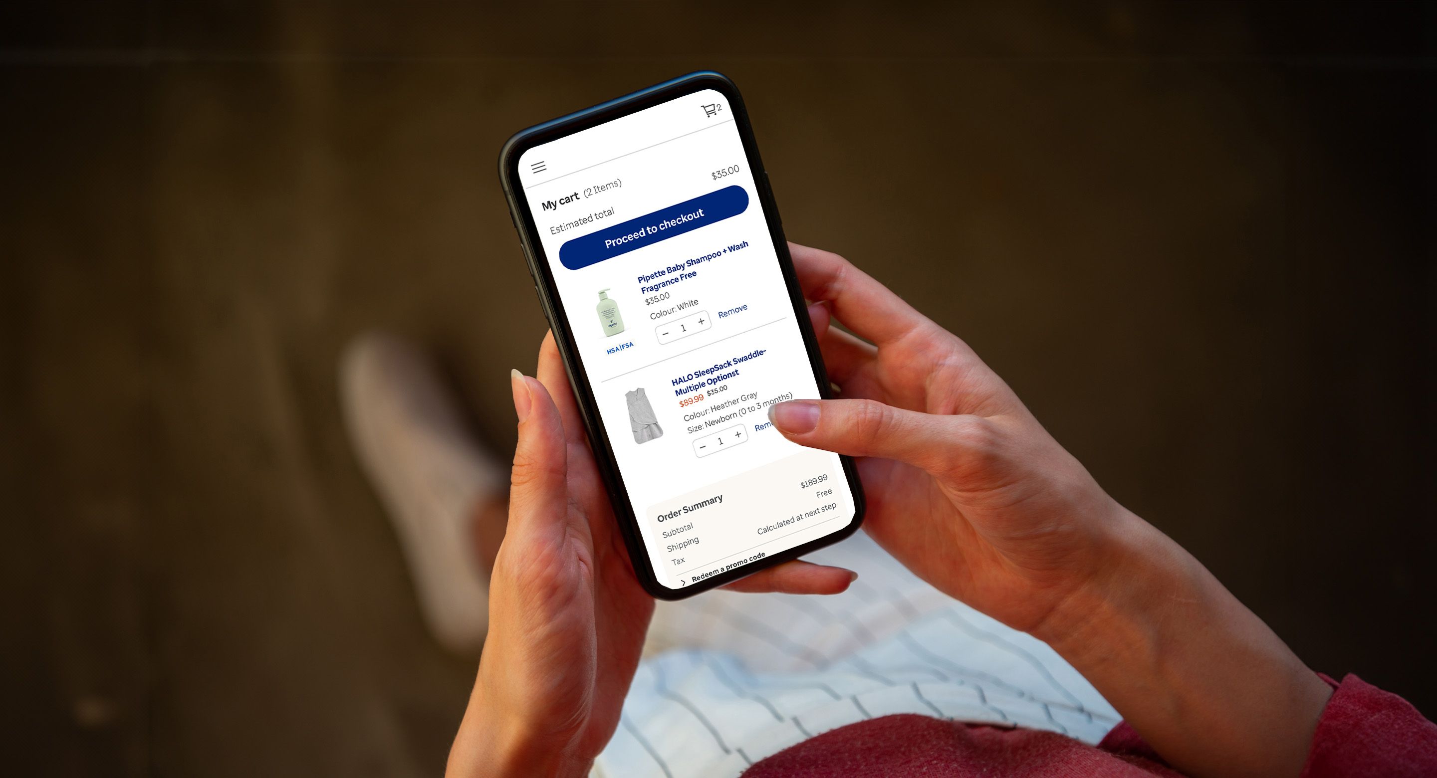 Person shopping online for health products on a smartphone, viewing items in the cart and ready to checkout.