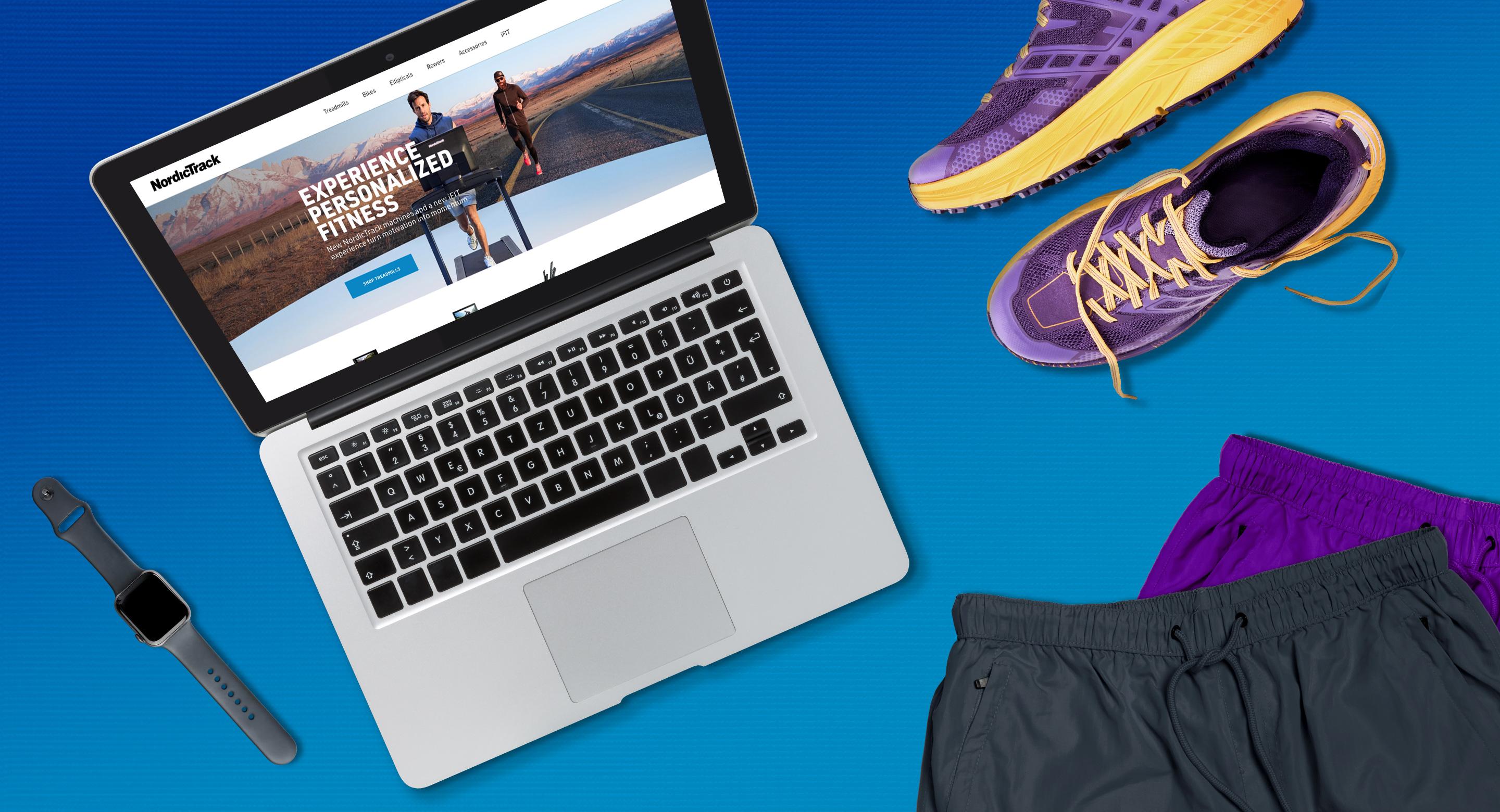 A collage image of workout gear and a laptop with a browser open to the NordicTrack website.