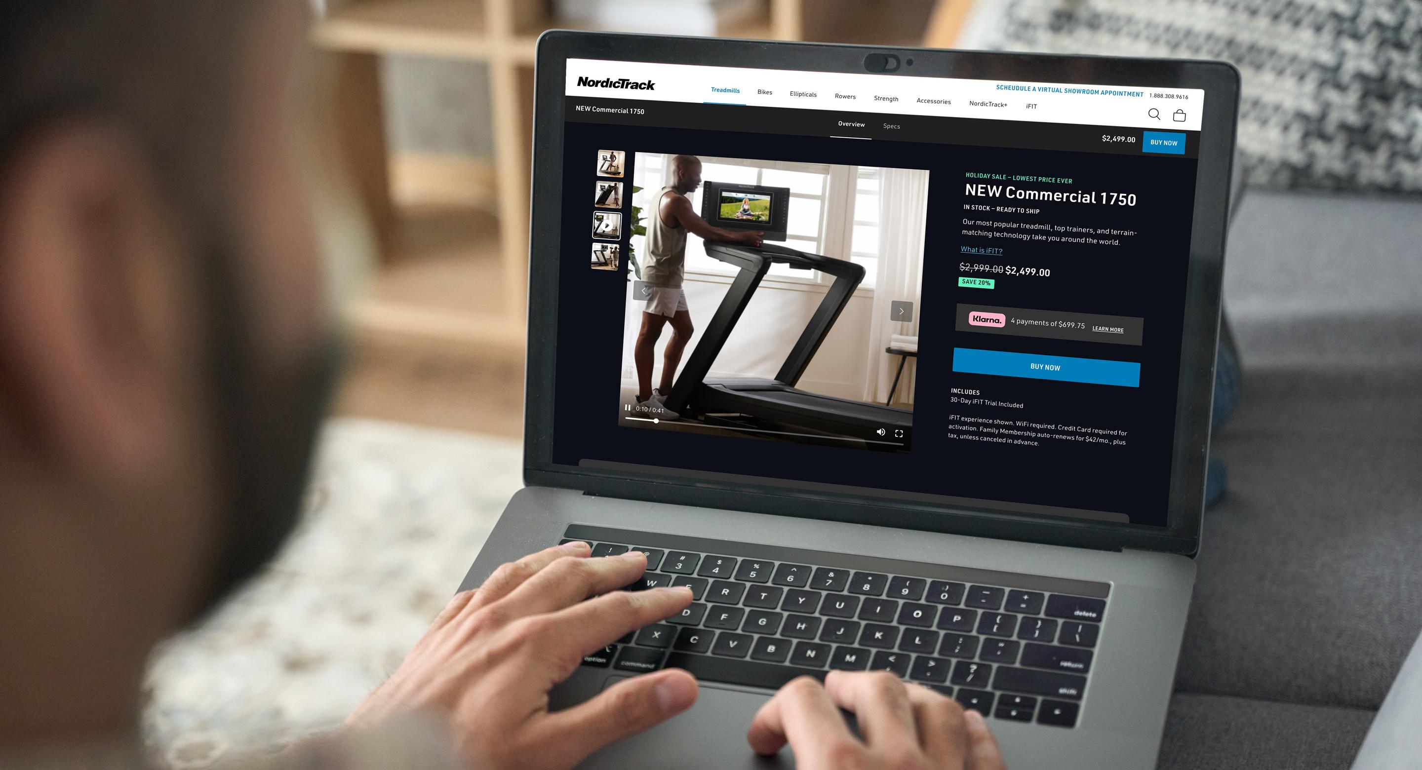 A photo of someone shopping online for a NordicTrack treadmill.