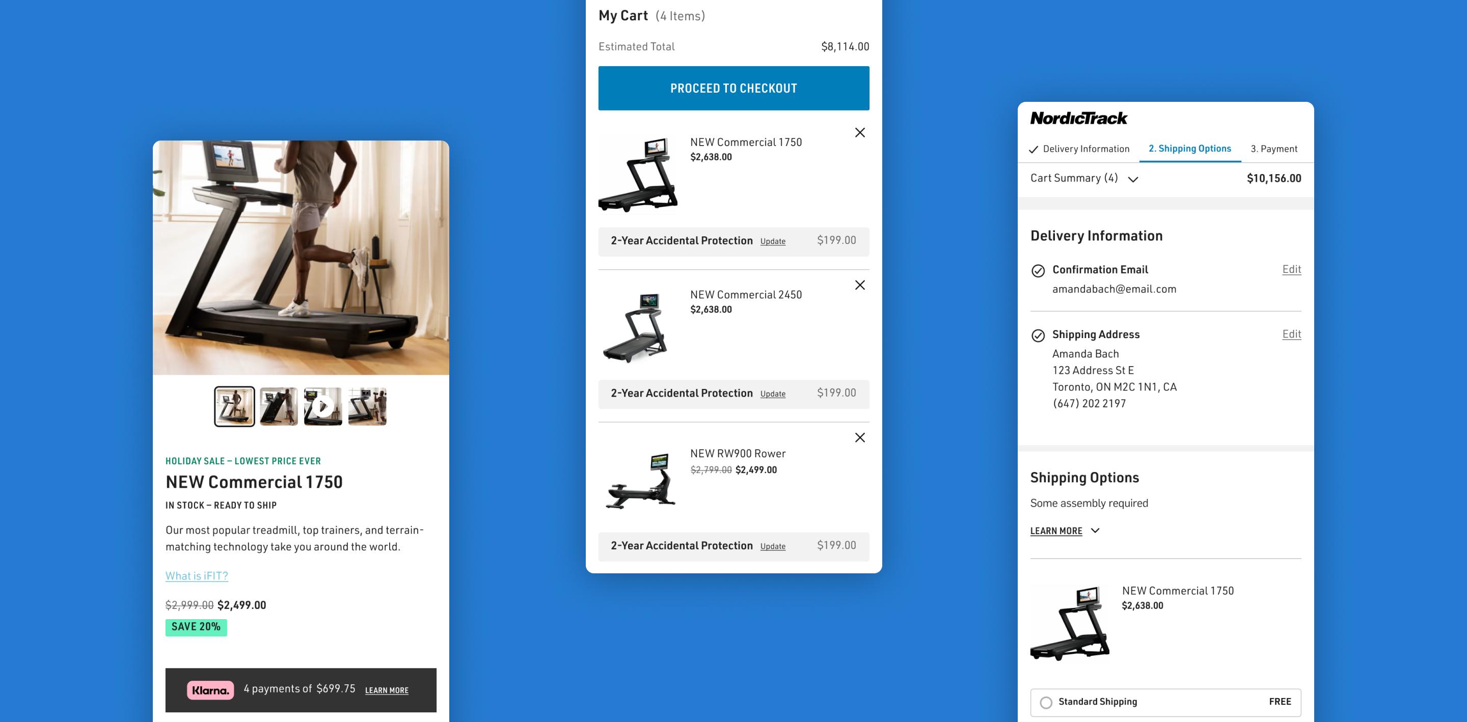 Three screenshots of the shopping journey for purchasing from NordicTrack.
