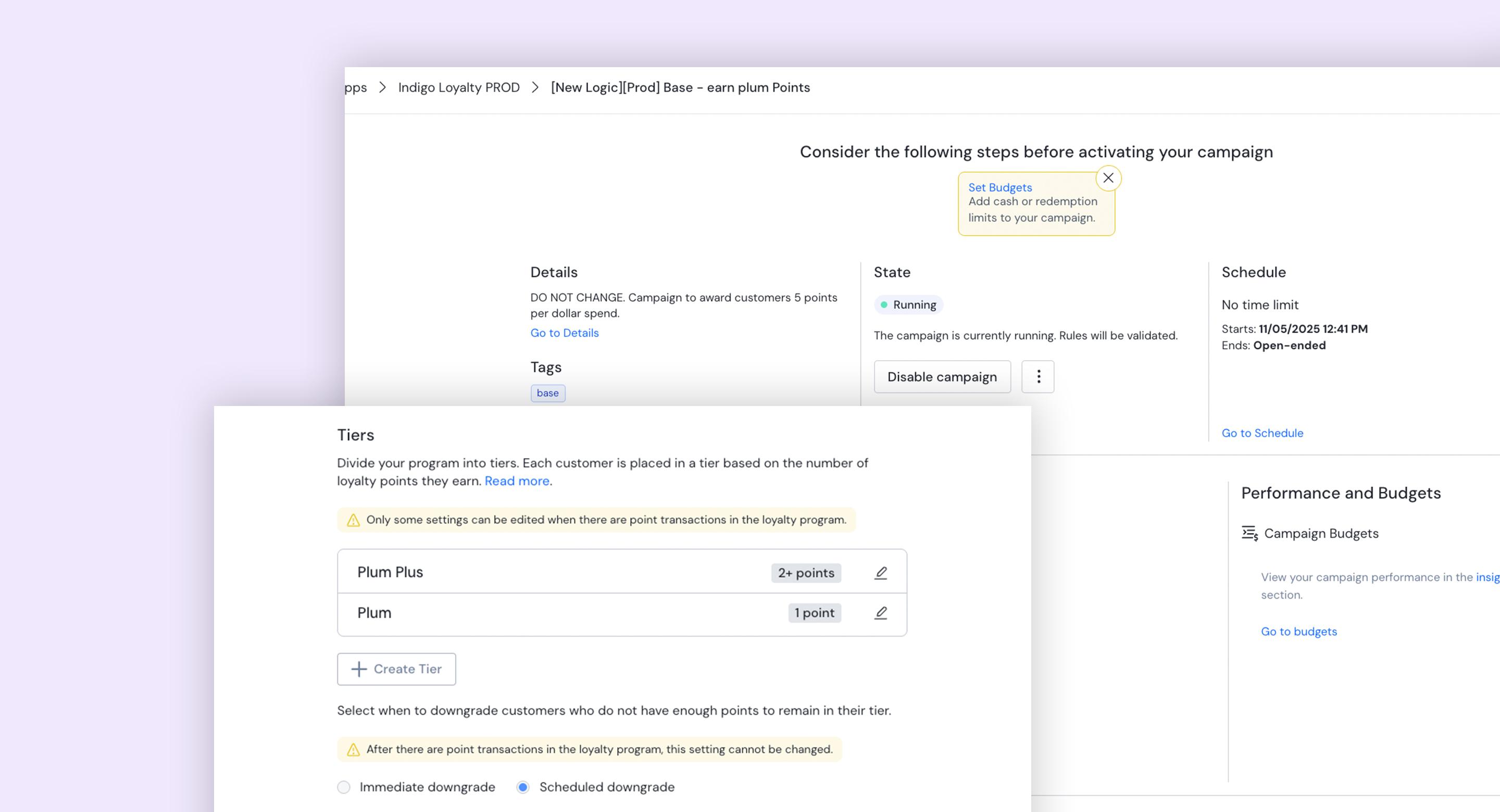 Screenshot of the Talon.One campaign management interface for the Indigo plum loyalty program, showing a running campaign and the plum and Plum Plus membership tiers.