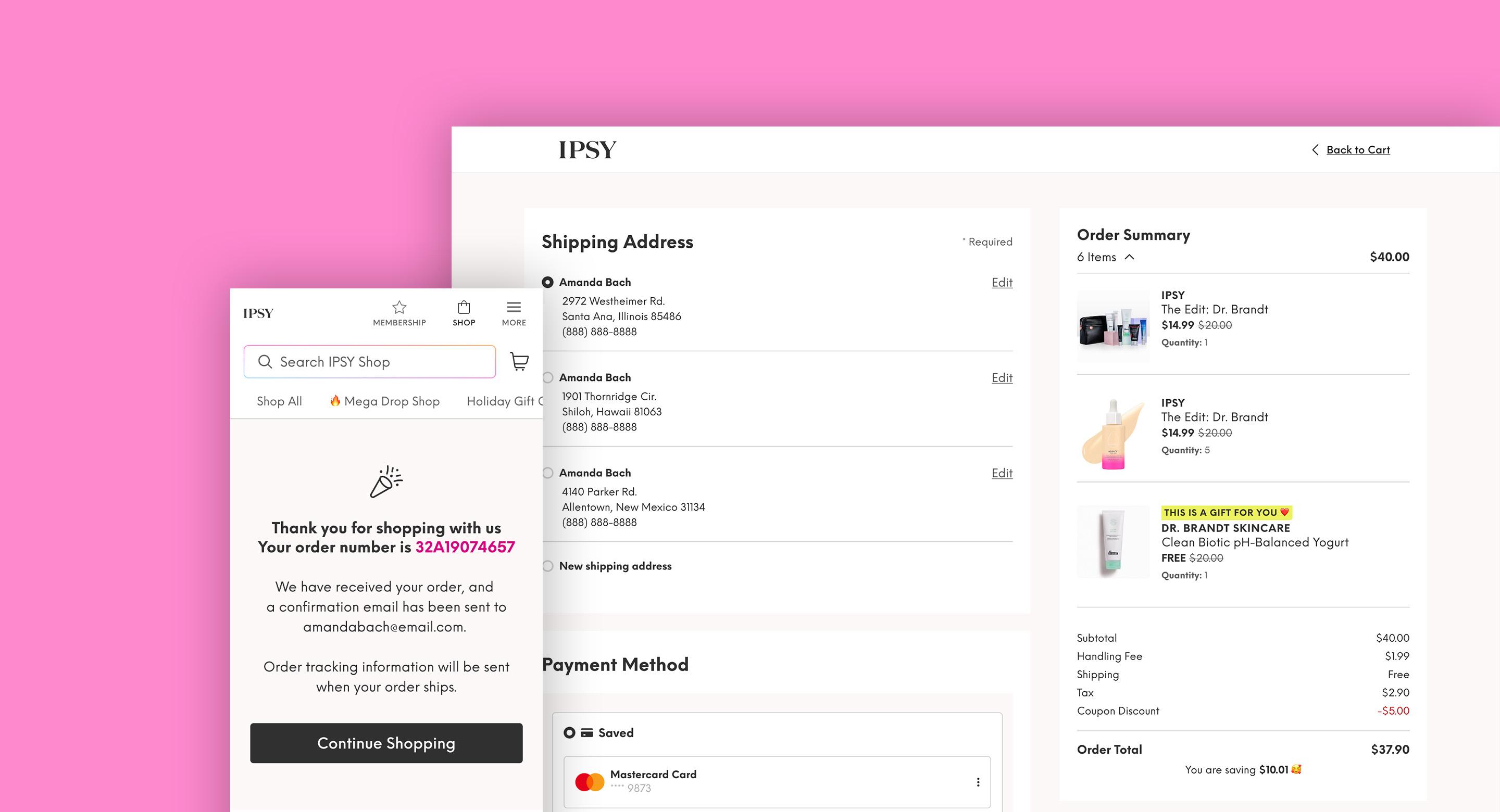 IPSY checkout page on desktop screen with order placed page in a mobile device.