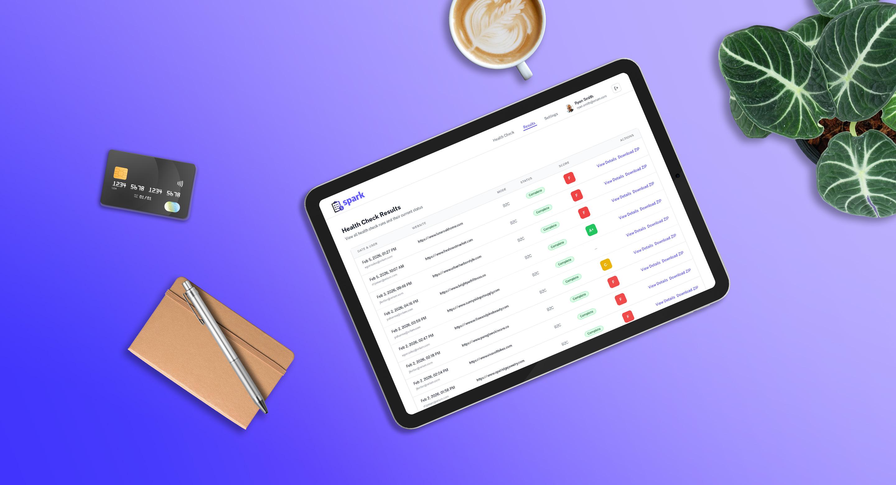 Tablet displaying a website health dashboard on a purple background with coffee, credit card, notebook, and plant—representing digital commerce and payments.