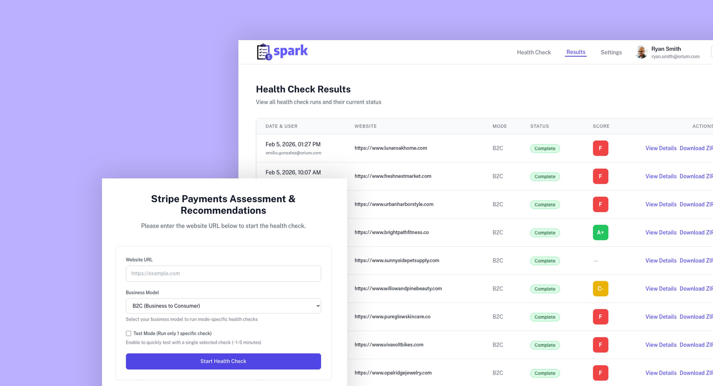 Screenshot of a website health check results page with performance scores and status indicators.