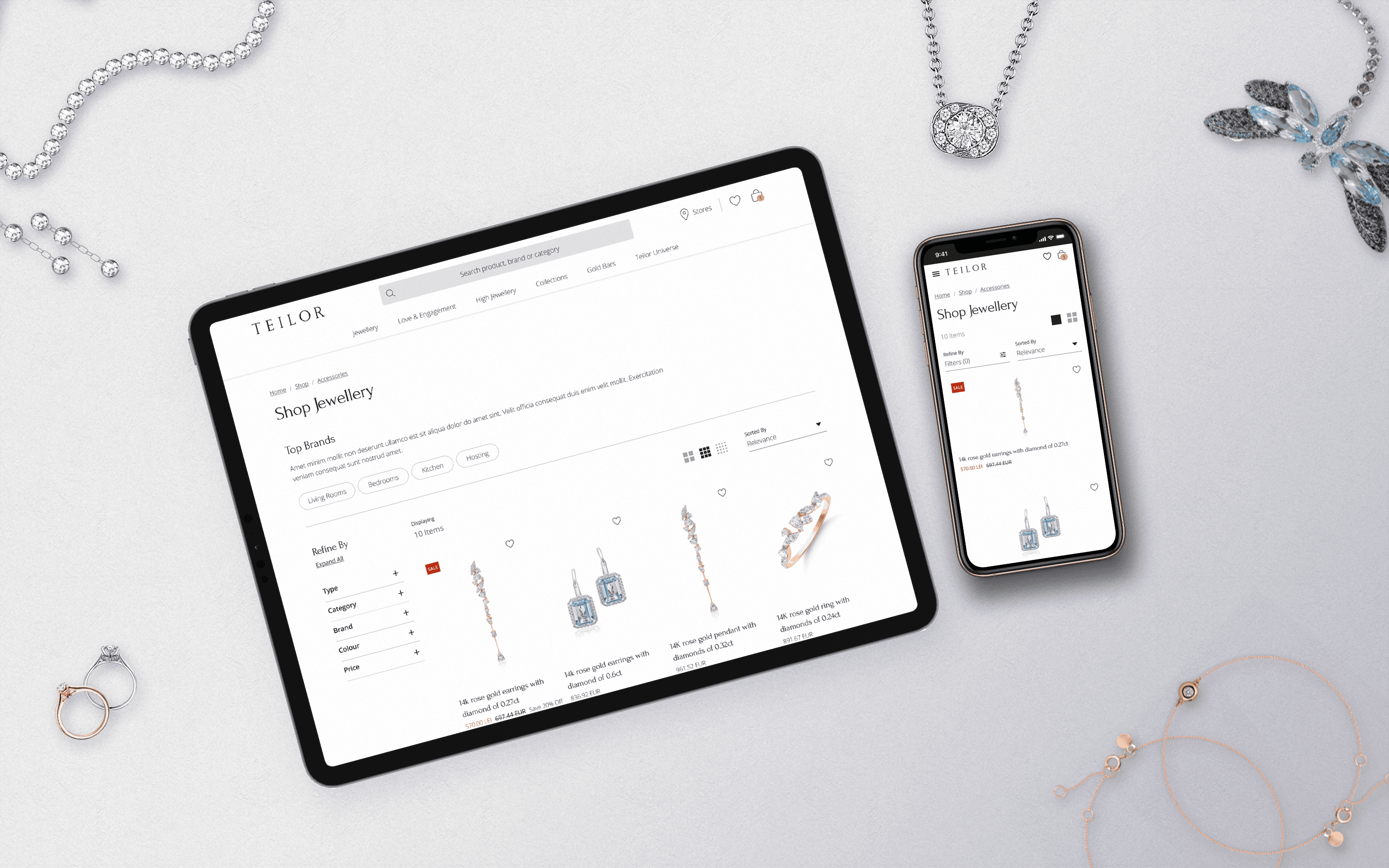 Flatlay of iPad and iPhone with the Teilor jewellery commerce website using Orium’s Elastic Path Accelerator.
