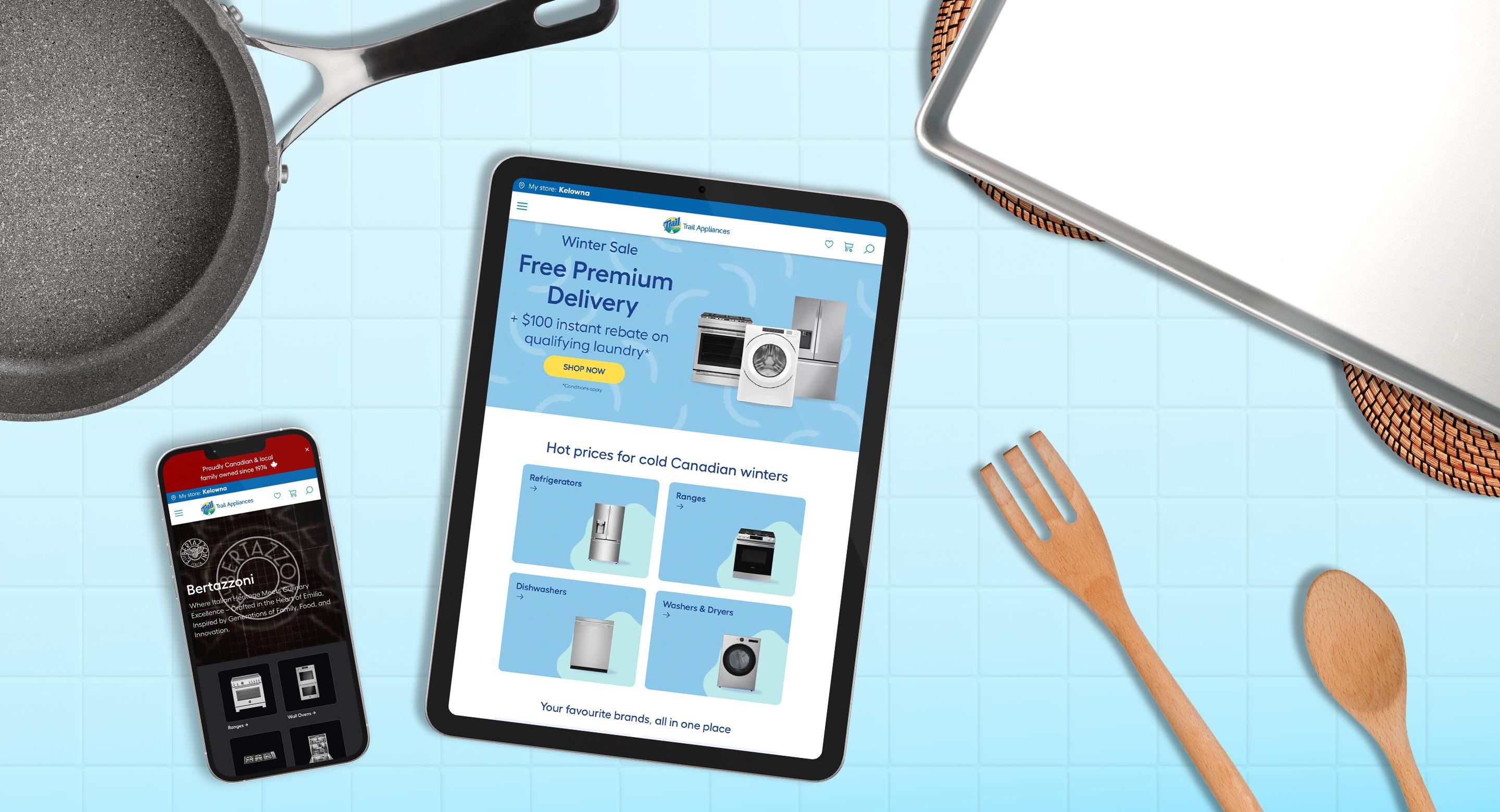 Modern kitchen with high-end appliances showcasing Trail Appliances products.