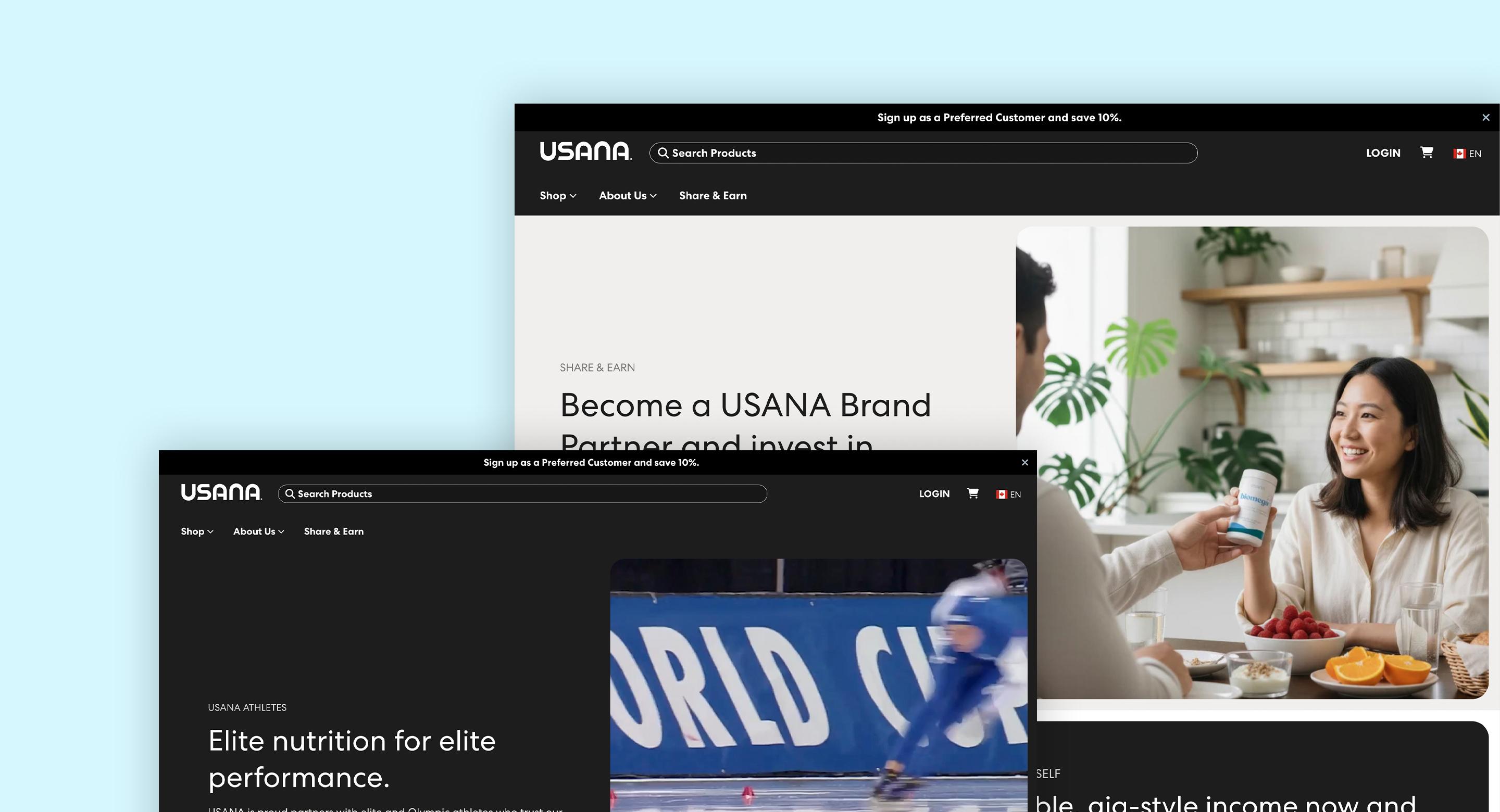 Overlapping screenshots of the USANA website homepage and Share & Earn brand partner page, alongside a lifestyle photo of a couple in a kitchen.