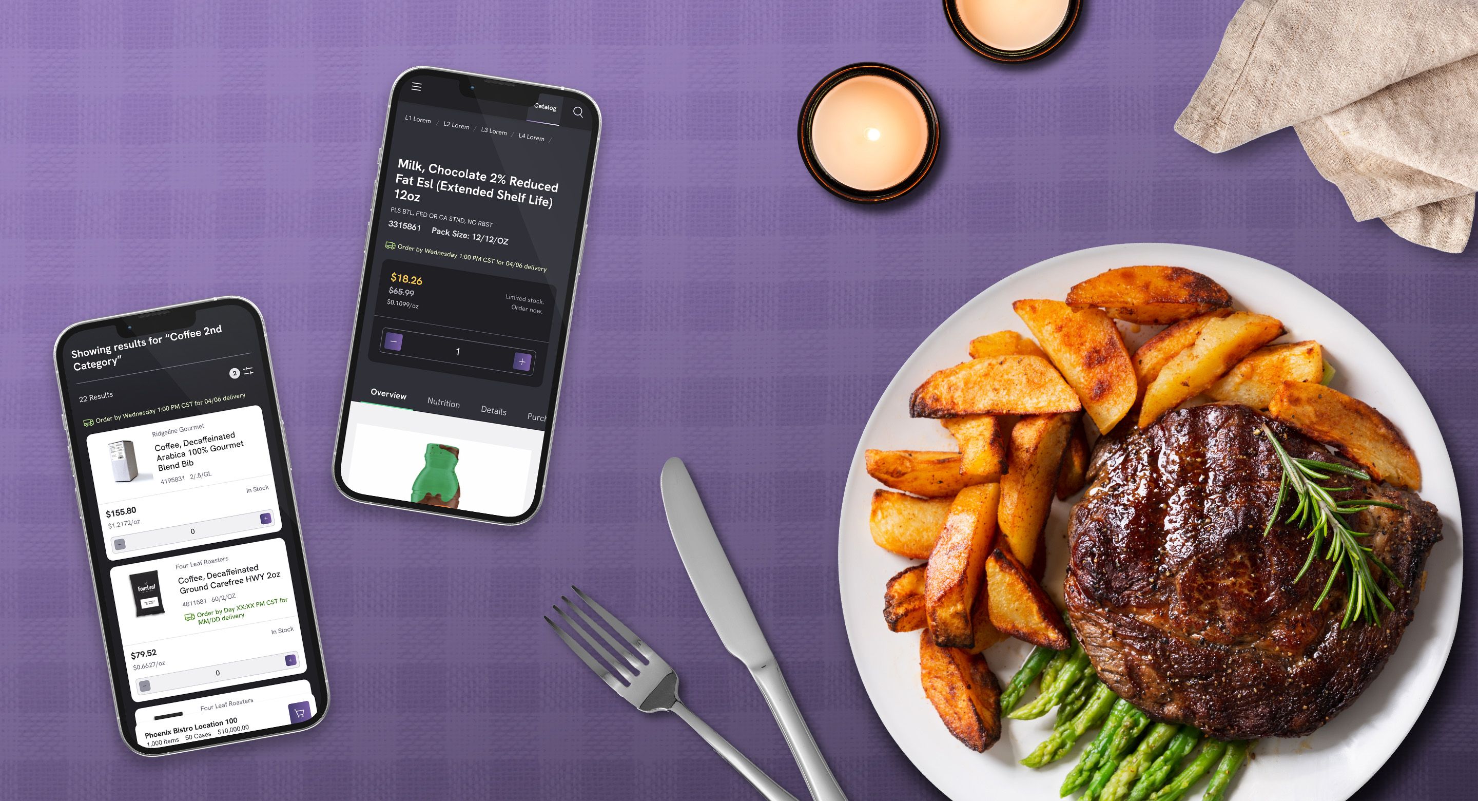 Mobile screens showing online food ordering beside a plated steak meal, symbolizing digital restaurant supply.