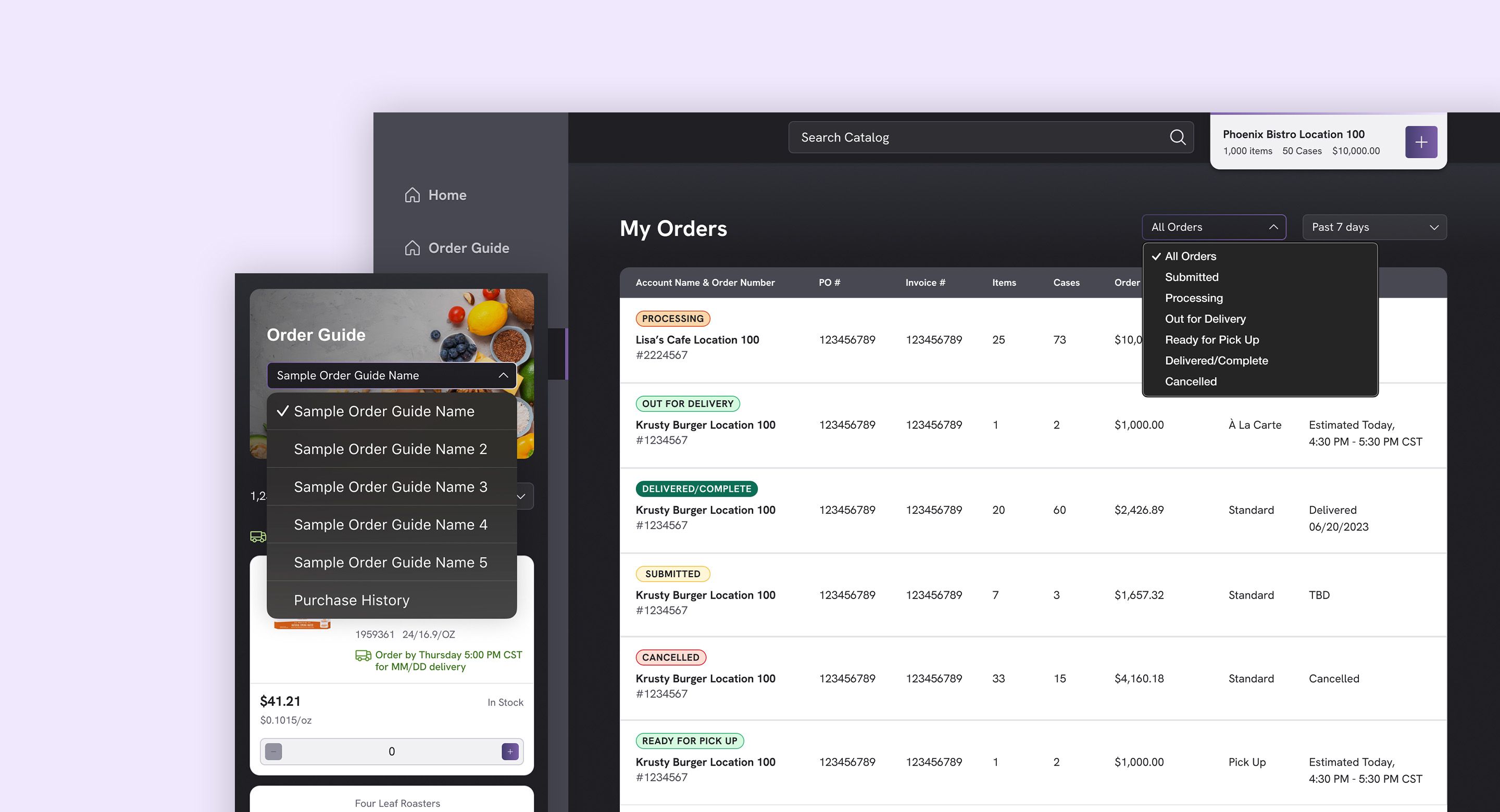 Desktop and mobile screens showing wholesale food distributor order management and delivery tracking.