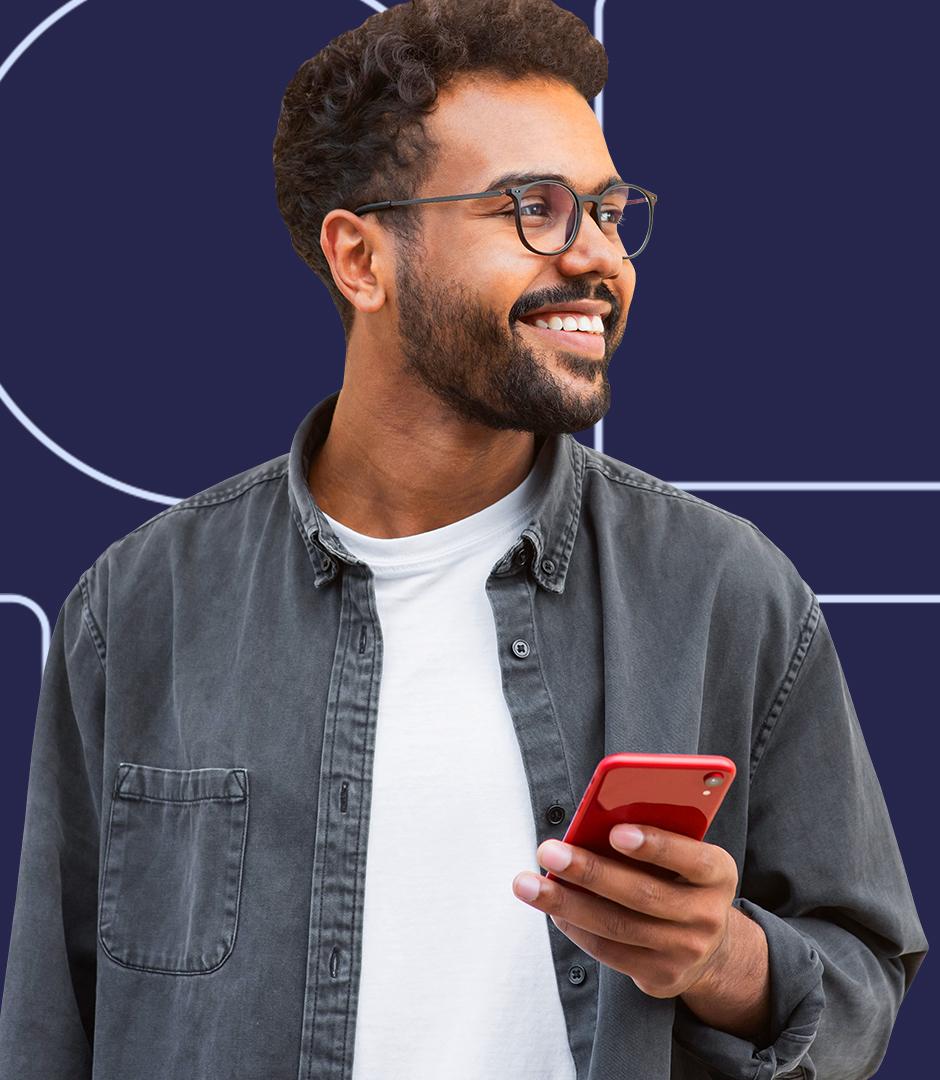 Person holding a smartphone, smiling while looking off-camera against a modern abstract background.