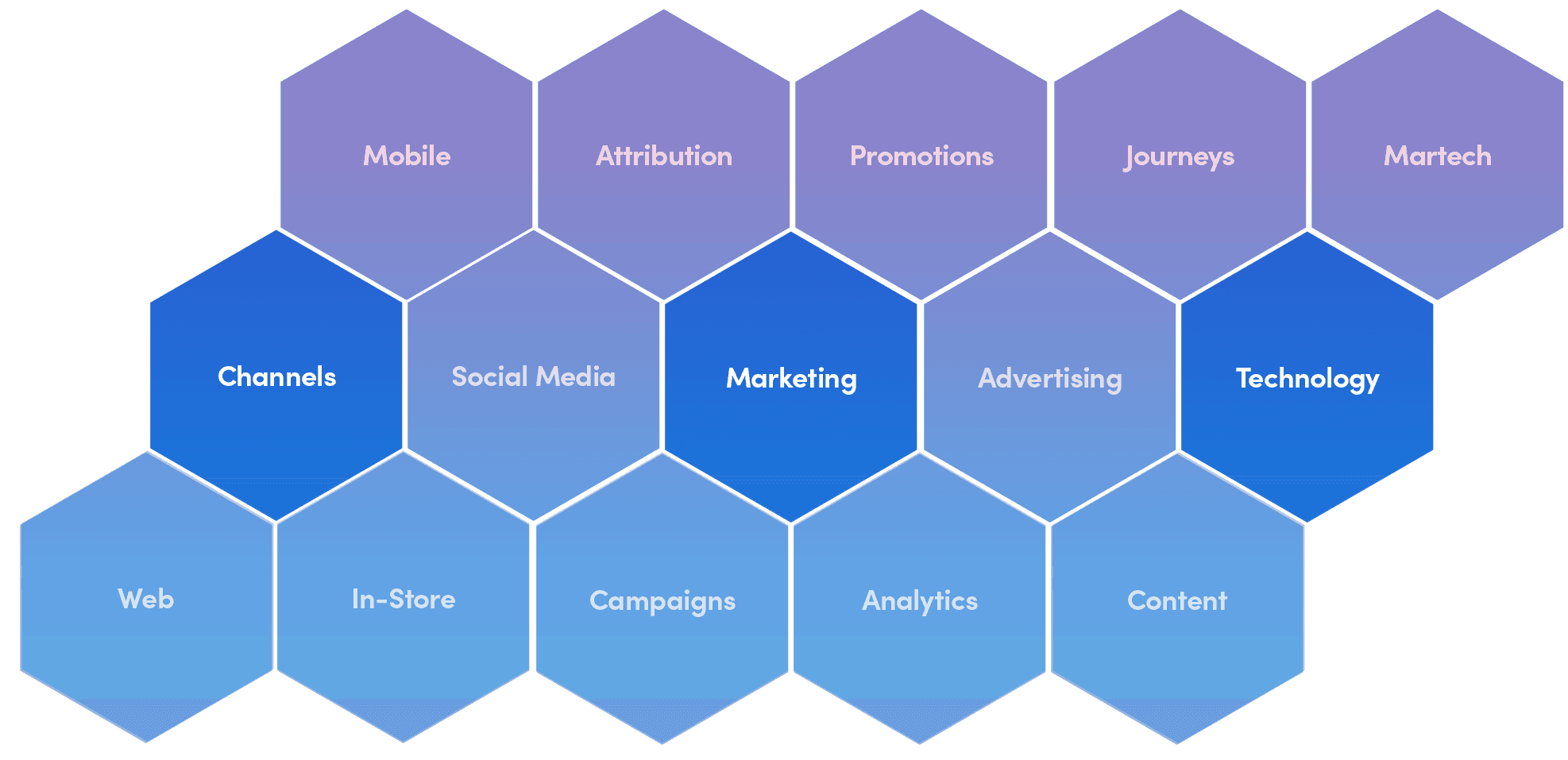 An infographic filled with purple and blue hexagons. Each hexagon represents a multi-channel approach to commerce including marketing, in-store, web, technology, and Martech among others.