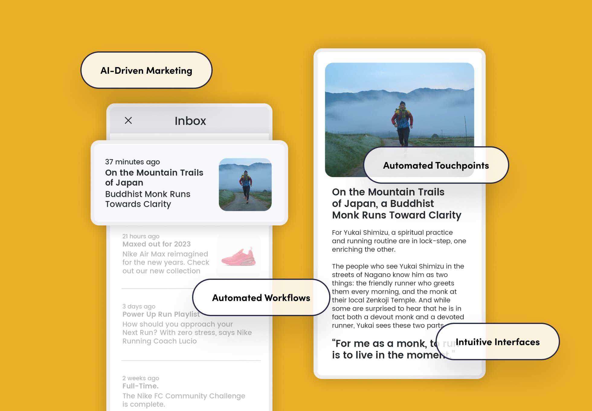 Screenshots of an email inbox with emails geared towards a user interested in running. Around the screenshots are the words: AI-driven marketing, automated workflows, automated touchpoints, and intuitive interfaces.