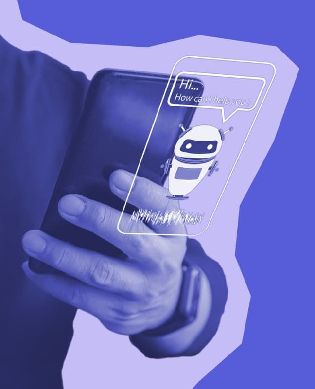 Person holding a cellphone with a chatbot screen imposed on top.