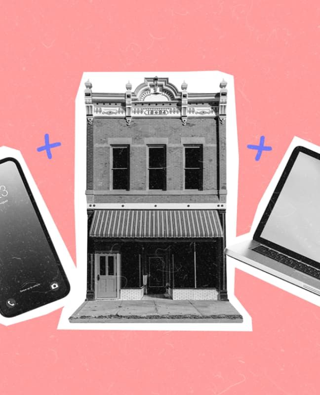 A smartphone, a plus sign, a storefront in a city, a plus sign, and a laptop screen.