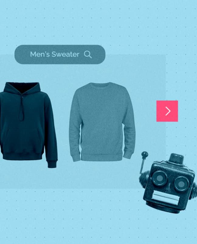 A website search bar showing results for mens sweater.