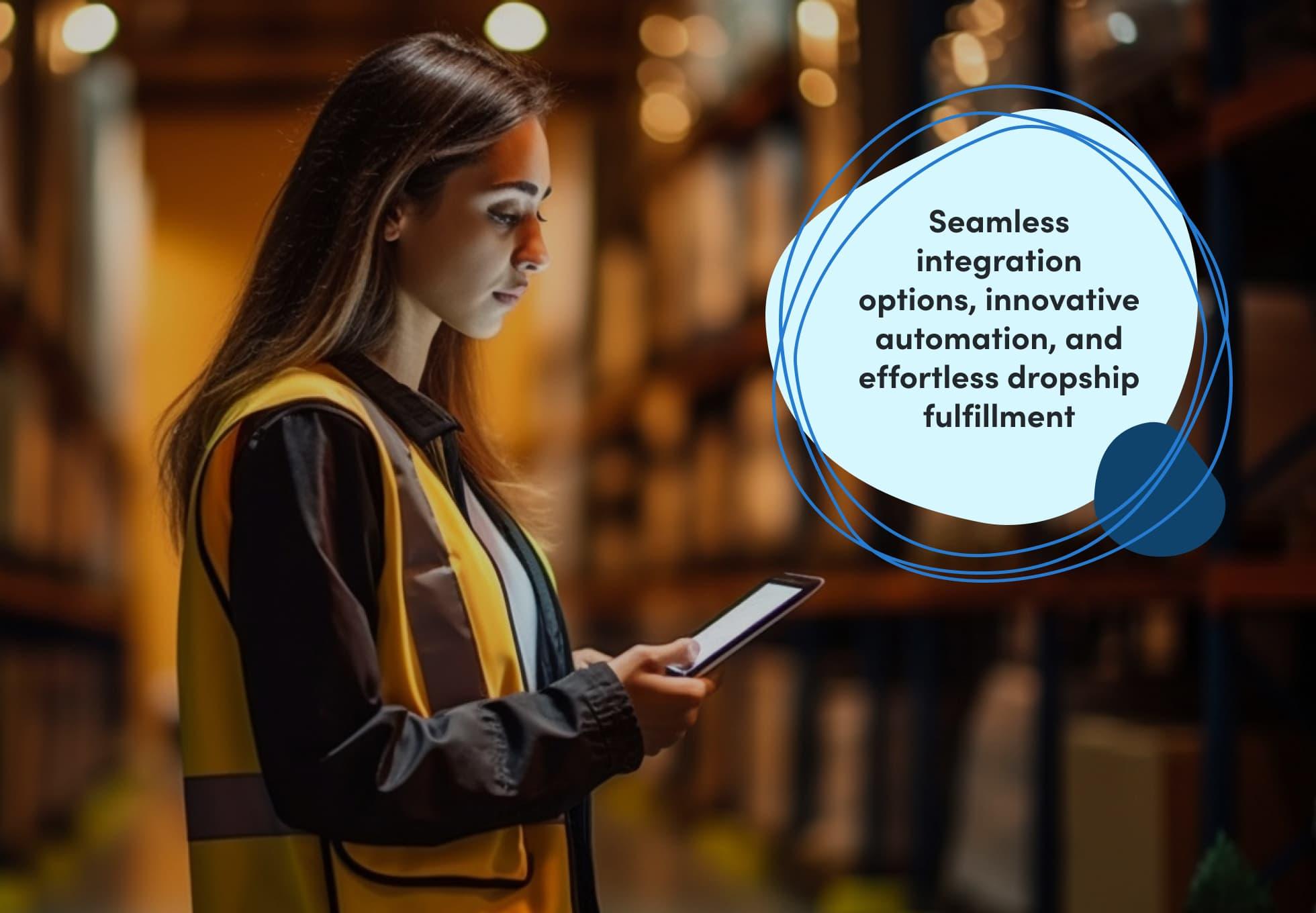 A person wearing a safety vest standing in a warehouse and holding an iPad. A sentenced imposed over the image says, "Seamless intefration options, innovative automation, and effortless dropship fulfillment."