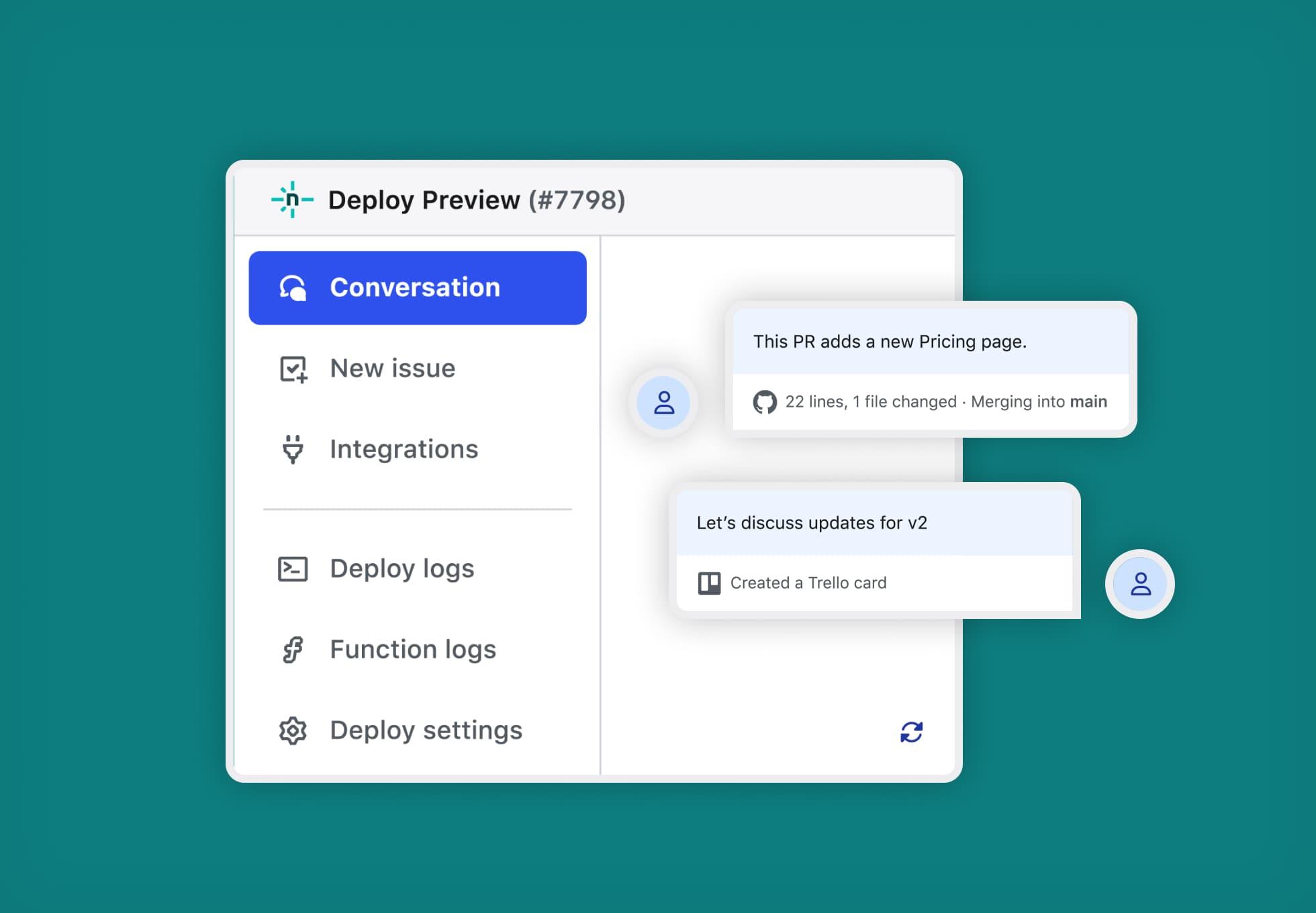 A screenshot of a Netlify Deploy Preview menu with the Conversation section highlighted.