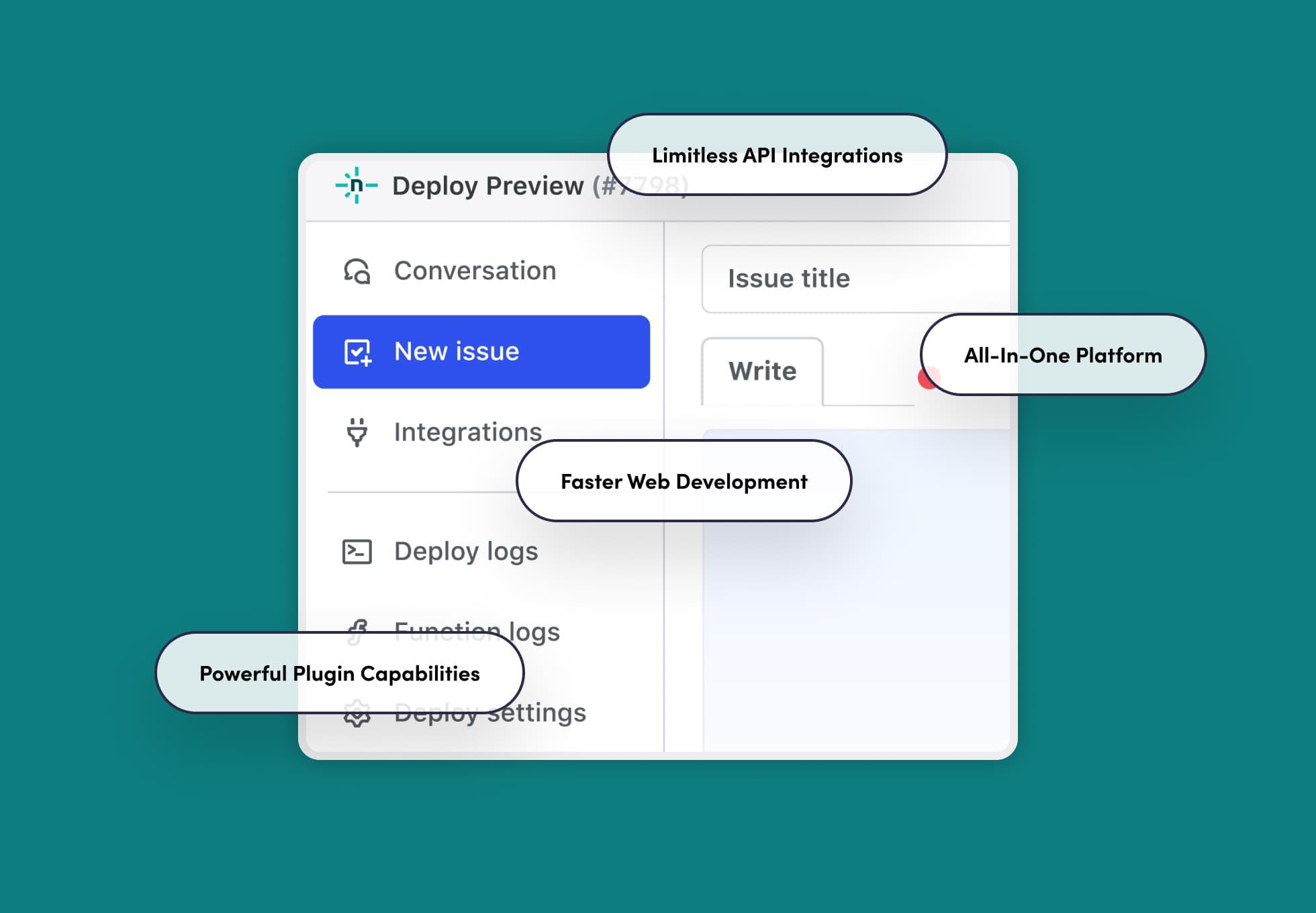 Screenshots of the Deploy Preview menu with the New Issue section highlighted. Around the screenshot are words in bubbles that say: Powerful plugin capabilities, limitless API integrations, faster web development, and all-in-one platform.