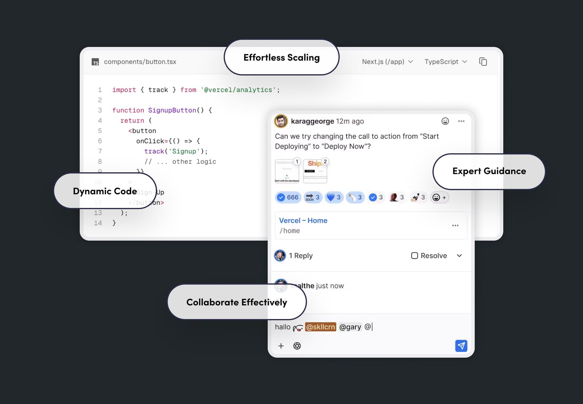 Screenshot of Vercels collaboration tool to comment on code in progress. Around the screenshot are words in bubbles that say: Dynamic code, effortless scaling, collaborate effectively, and expert guidance.