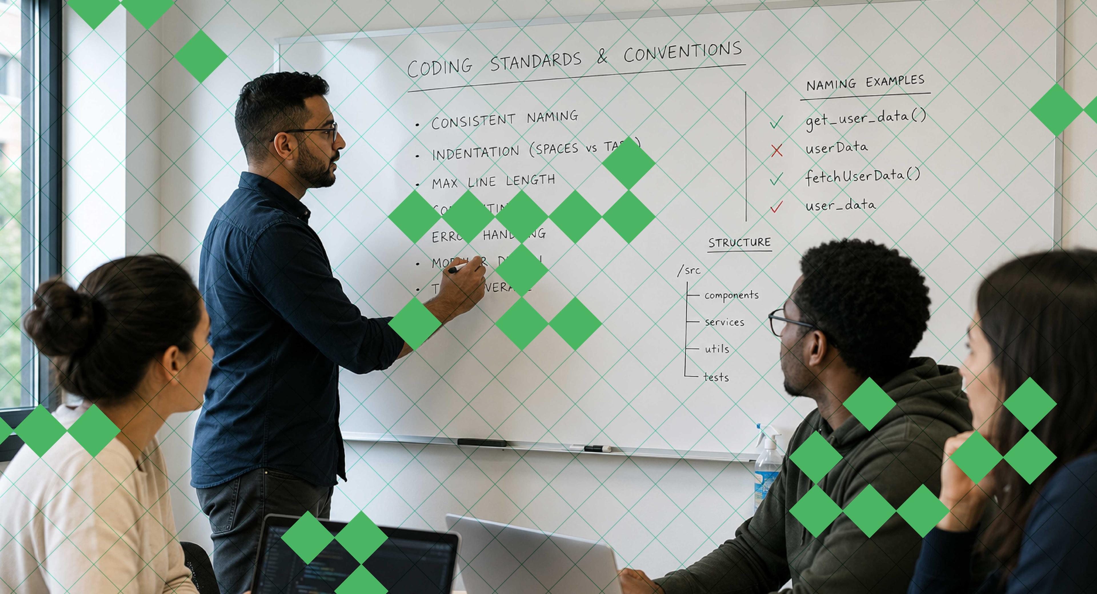 One person stands writing at a white board while a business meeting is happening with others listening on.