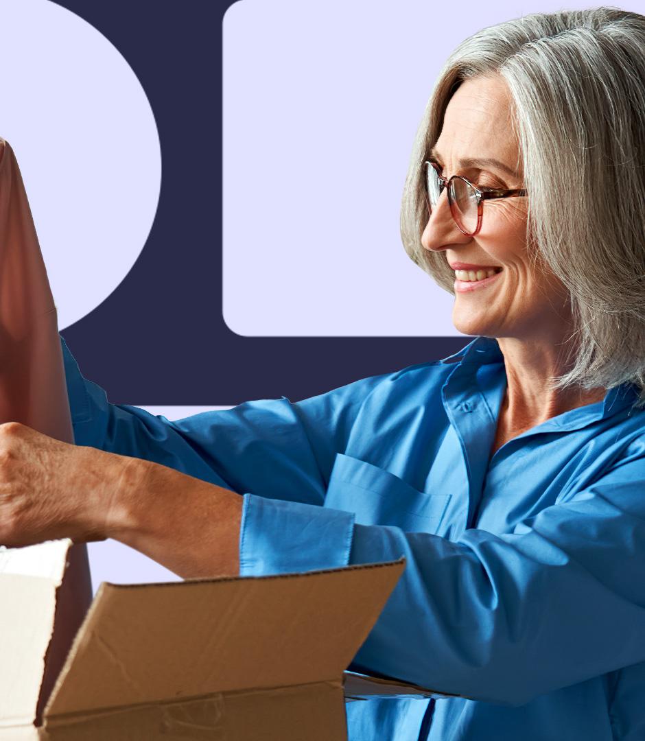Cut out photo of a woman opening a box and smiling set against a patterened background.