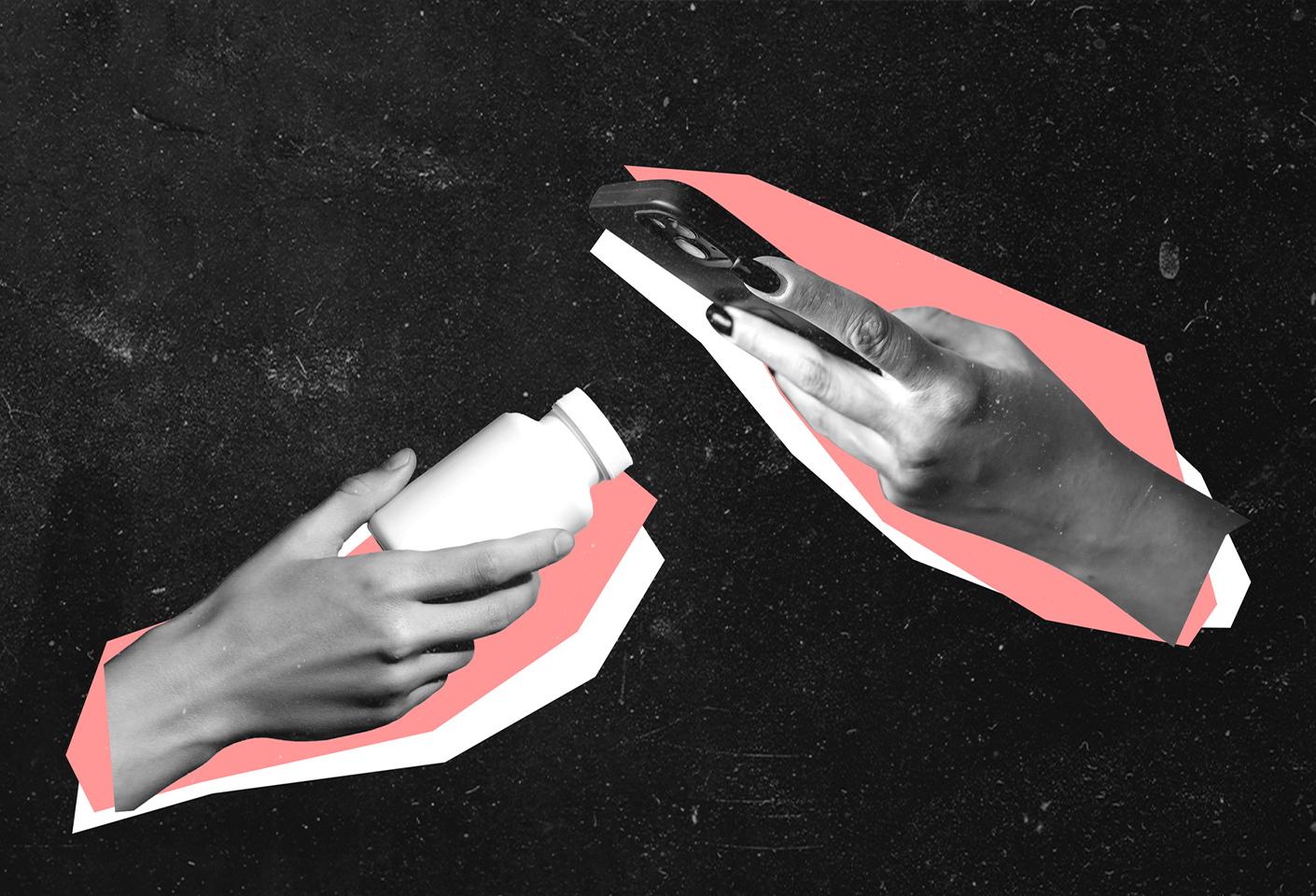A stylized black-and-white collage of two hands—one holding a white pill bottle and the other using a smartphone—set against a textured dark background with abstract pink and white cutout shapes.