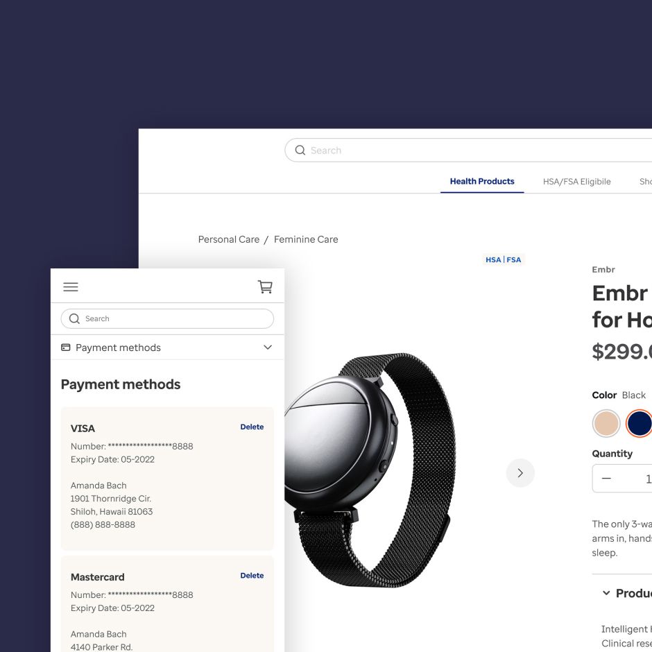 Ecommerce user interface showing a product detail page for a smartwatch alongside a mobile view of saved payment methods, illustrating a responsive shopping and checkout experience.
