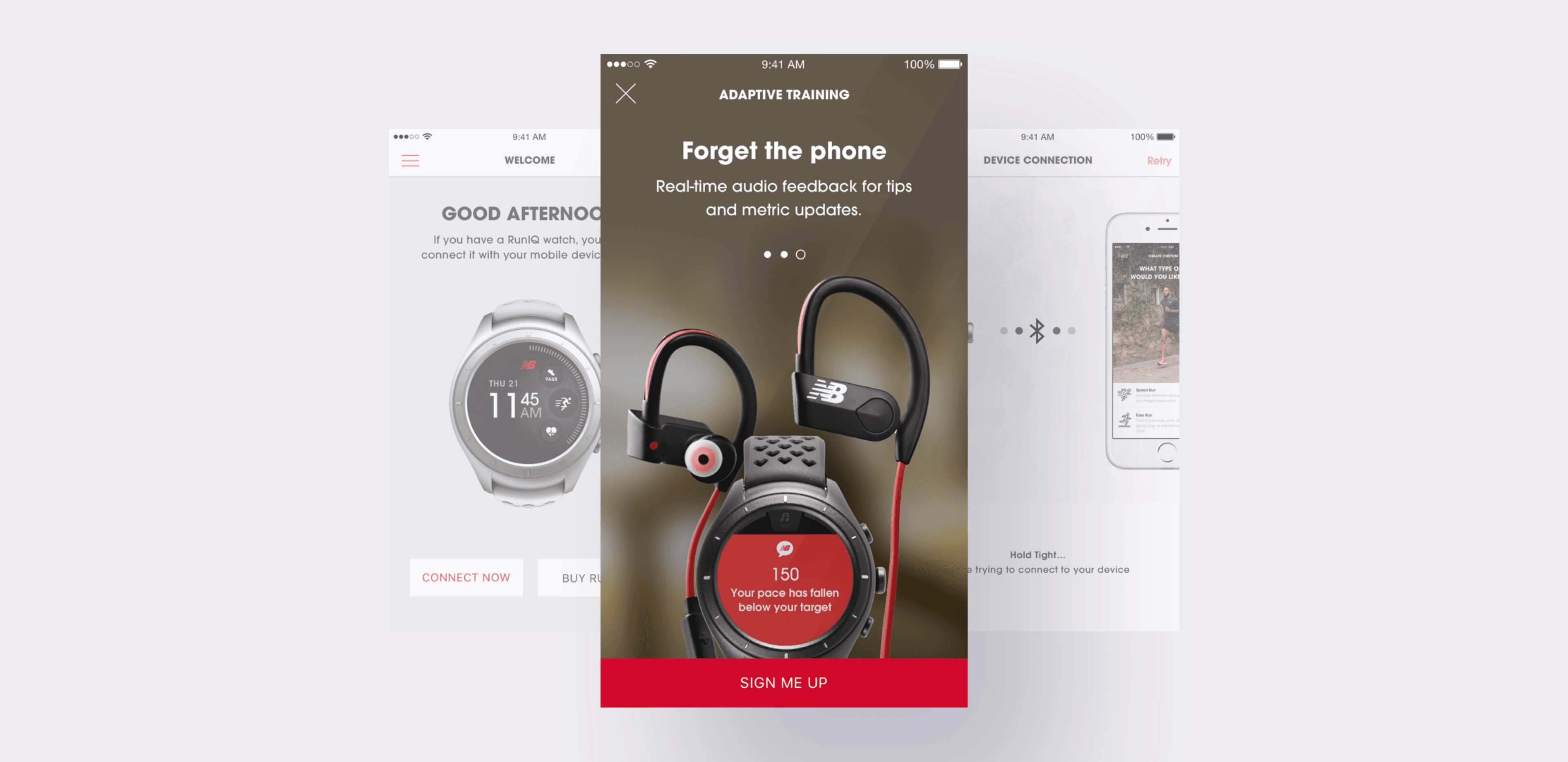 Screenshot of New Balance App showing the New Balance watch screen and earphones for real-time workout tracking.