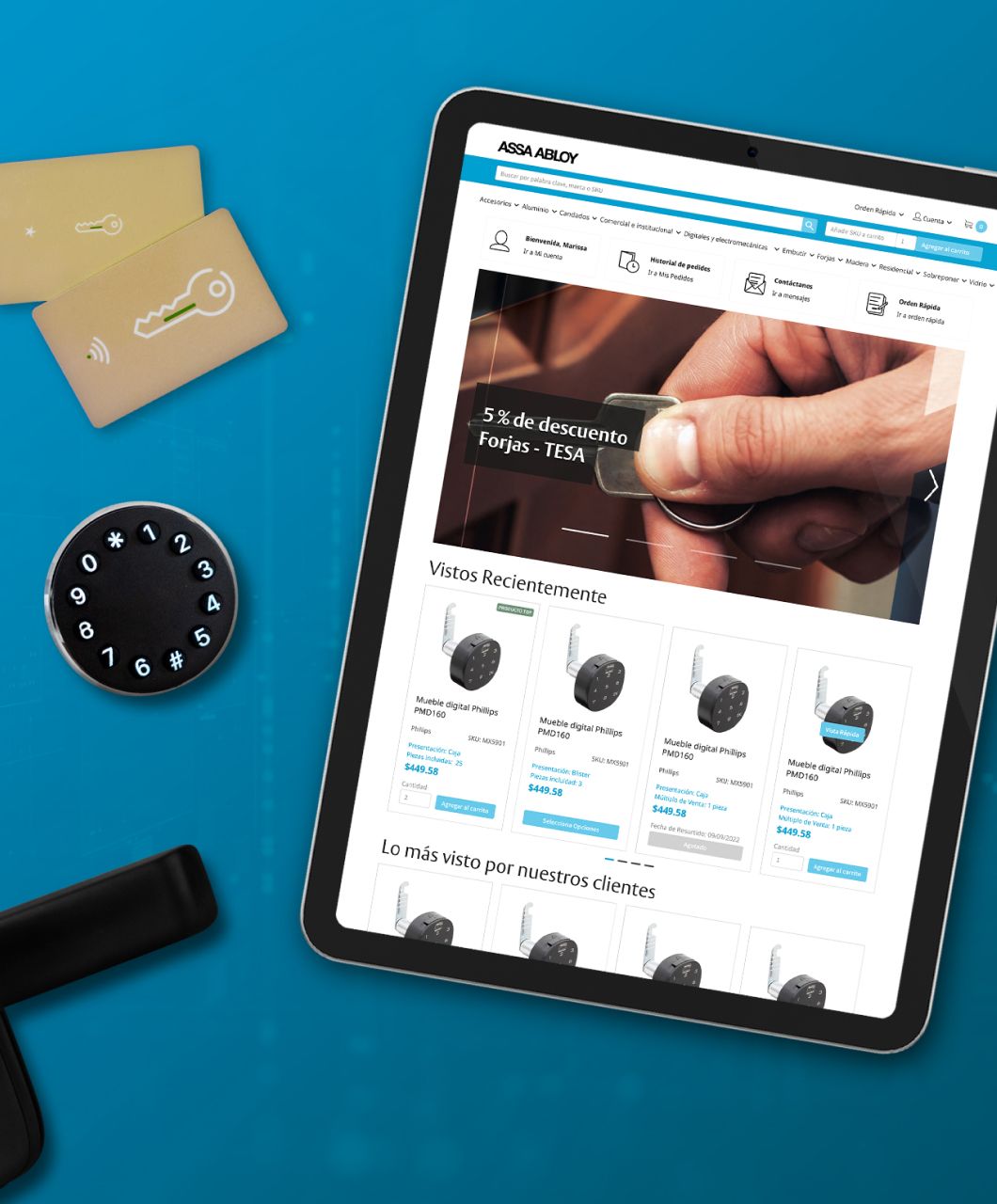 A tablet displaying the ASSA ABLOY website.