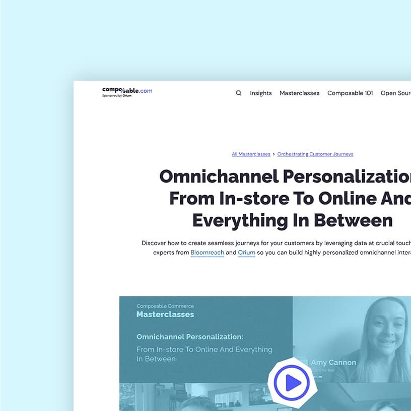 A landing page preview for the Composable.com masterclass titled "Omnichannel Personalization: From In-store to Online and Everything in Between".