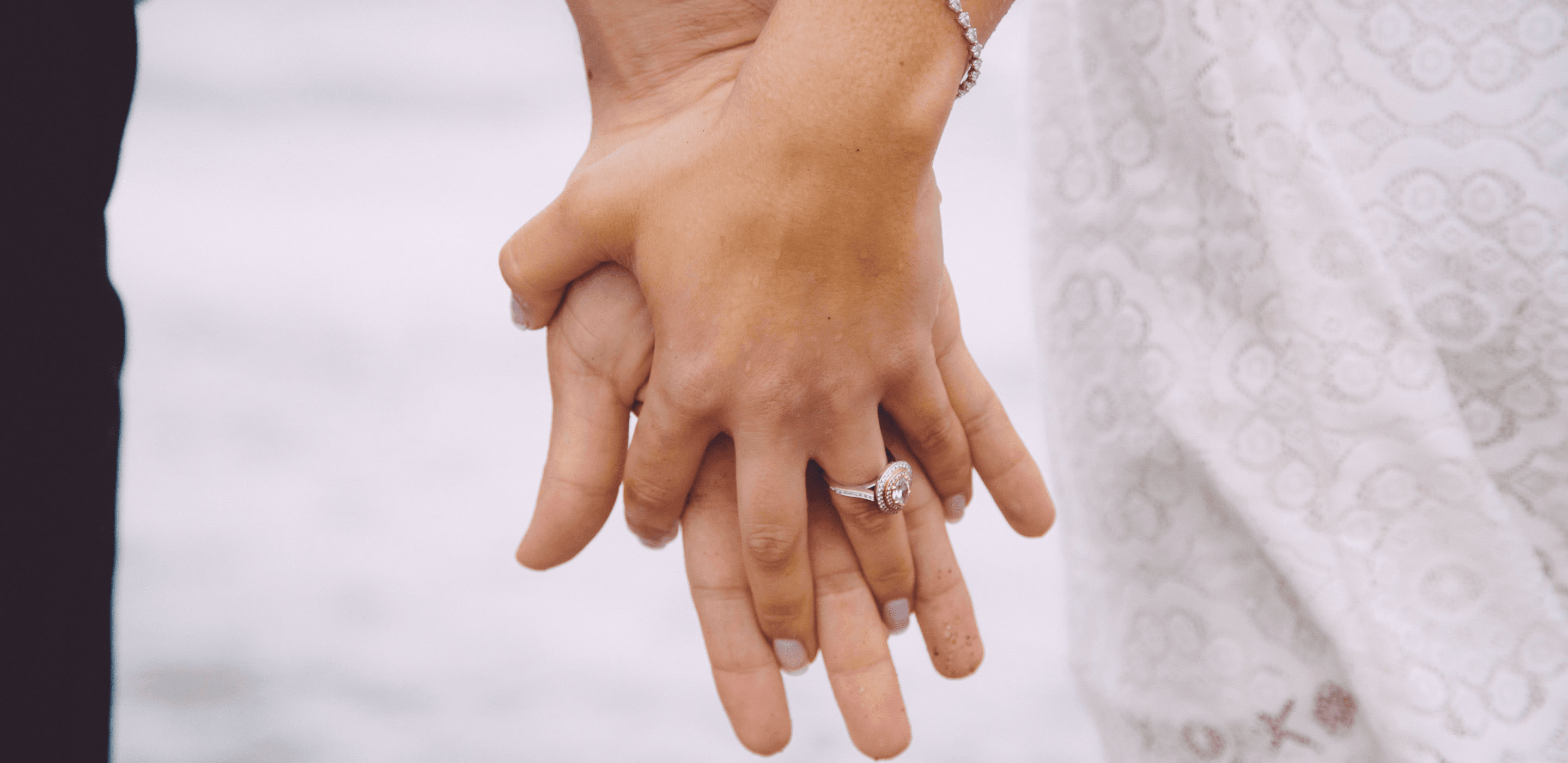 A couple is holding hands. One of the hands has a Teilor engagement ring on their finger.