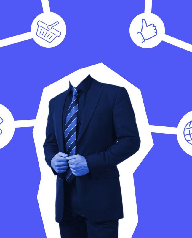 A headless man as part of an infographic web with a shopping basket icon, a thumbs up icon, and a world icon.
