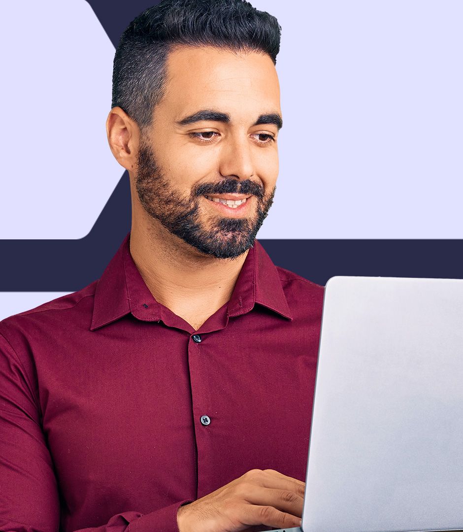 Cut out photo of a man holding a laptop set against a patterned background.