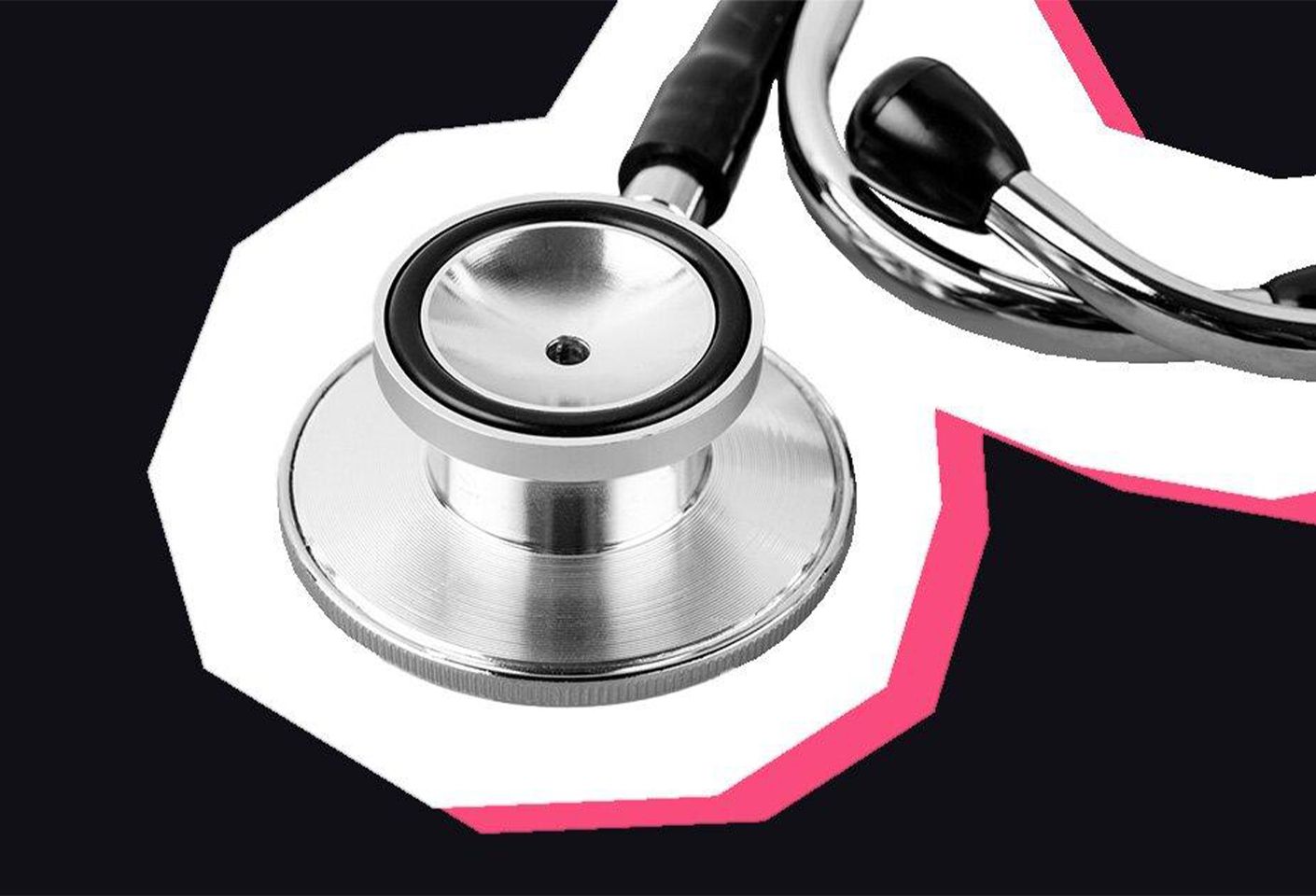 A close-up of a stethoscope with a metallic finish, set against a bold black and white background with pink accents.