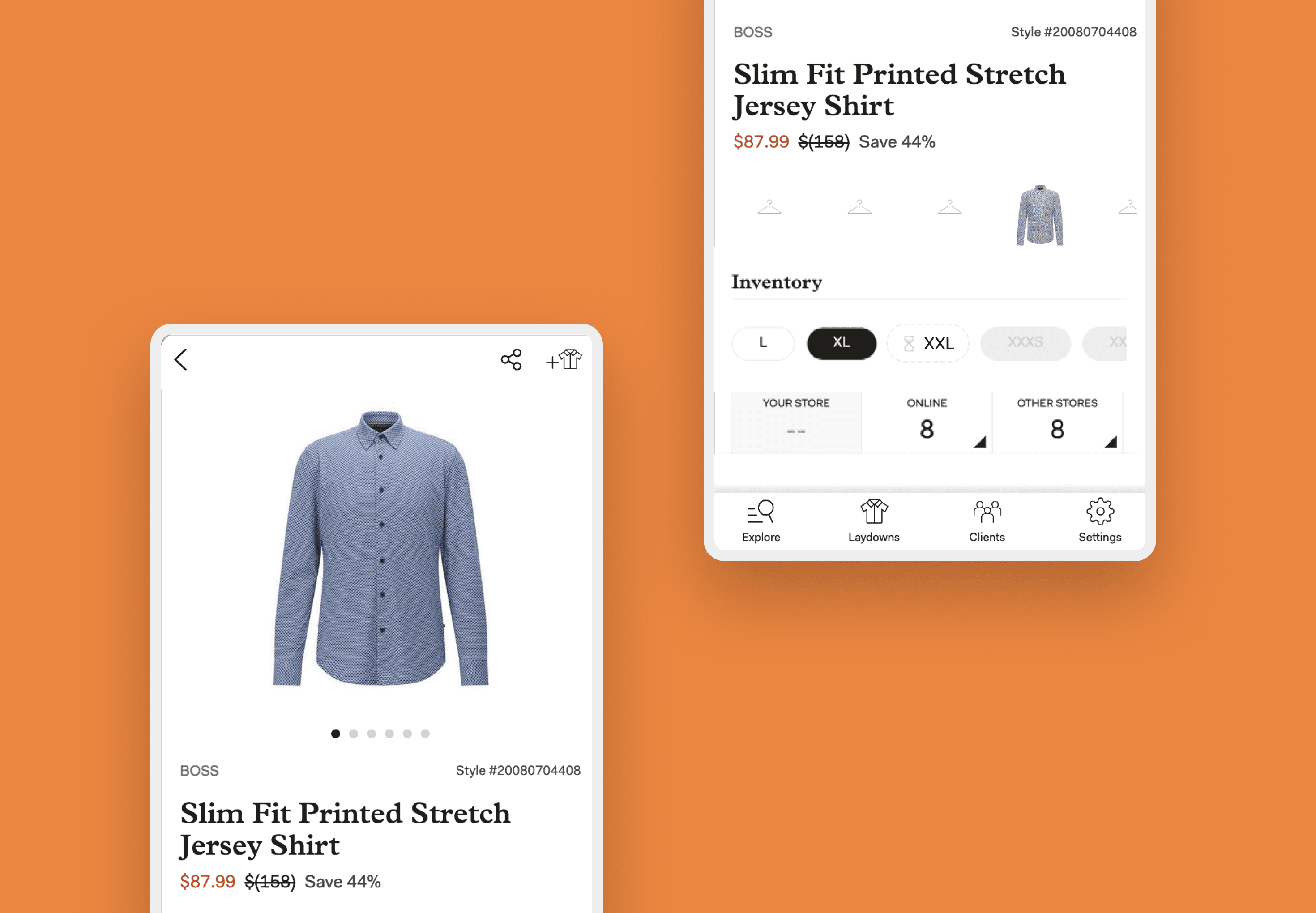 Screenshots of a product page powered by commercetools for a slim fit printed stretch jersey shirt.