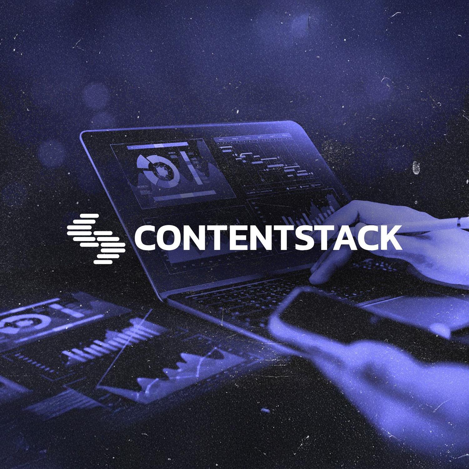 A dark purple themed image showing a laptop with data dashboards, overlaid with the Contentstack logo in white.