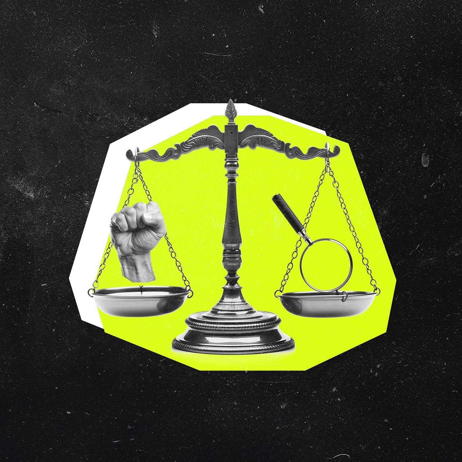 A vintage balance scale holds a raised fist on one side and a magnifying glass on the other against a neon yellow backdrop.