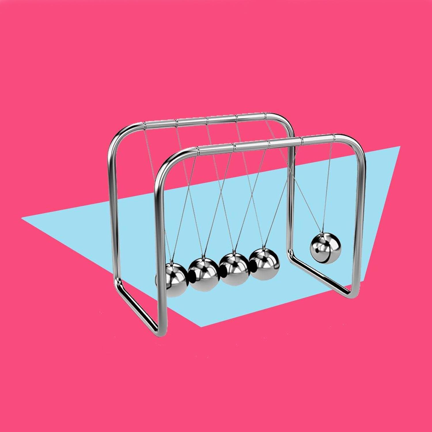A Newton’s cradle with metallic balls swings on a bright pink and blue geometric background.