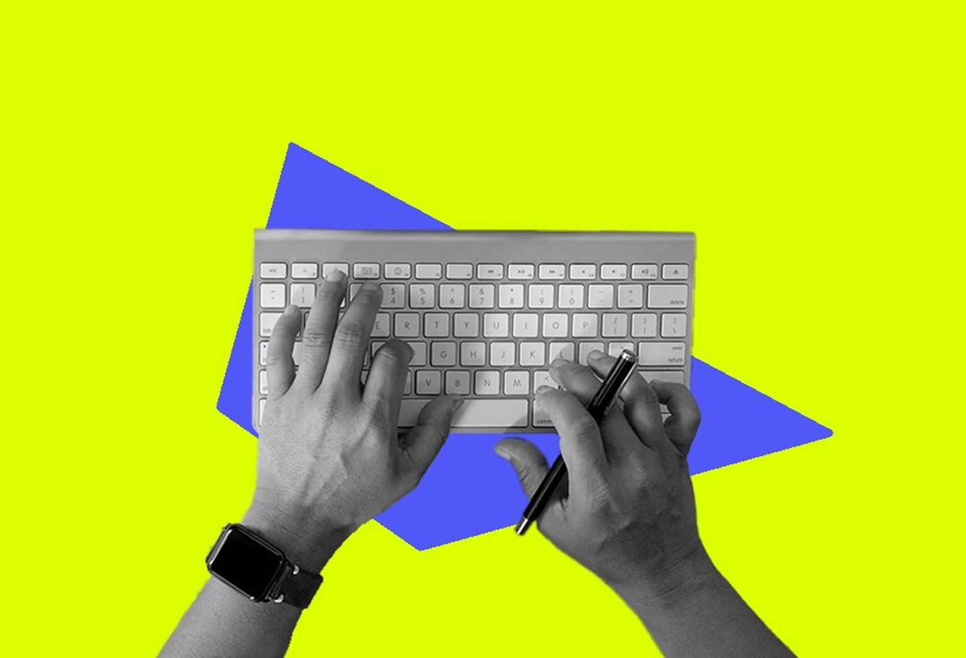 A photo collage image of a pair of hands using a keyboard, pen in one hand and smartwatch on the opposite wrist, set against a neon background.