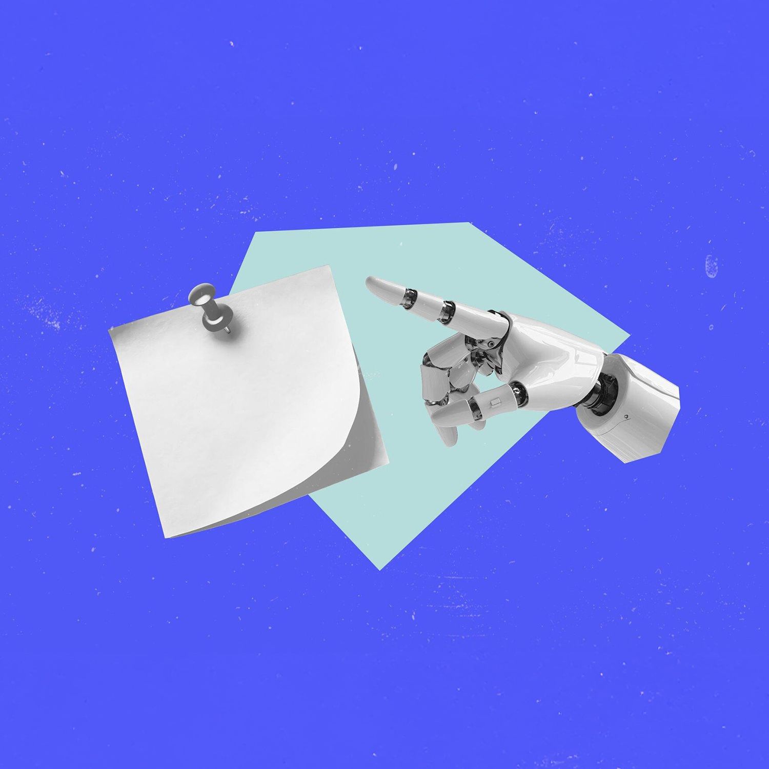 A robotic hand points to a pinned blank sticky note on a bold blue and teal geometric background.