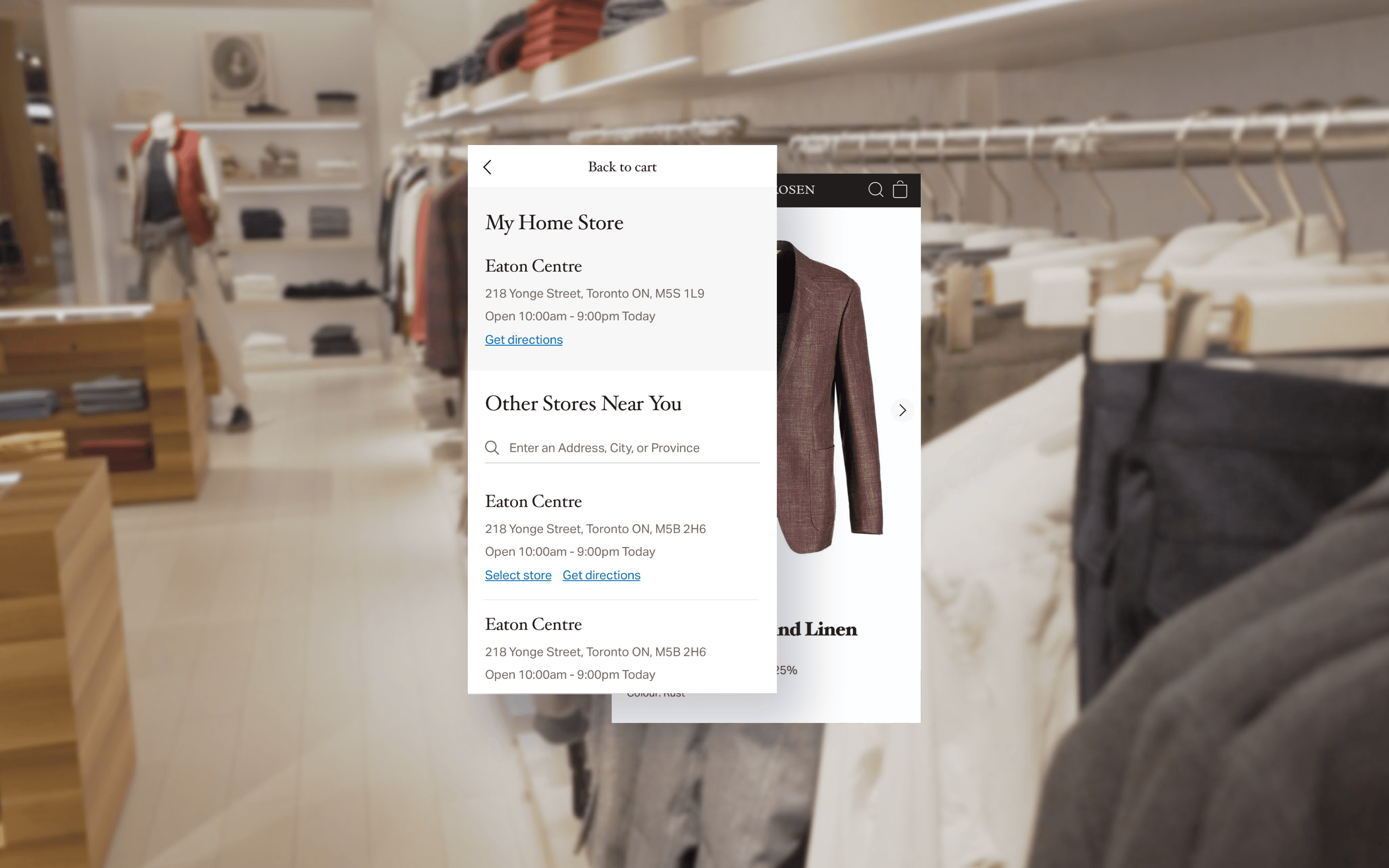 Screenshot of associate app for store locations, superimposed over a background of clothing racks.