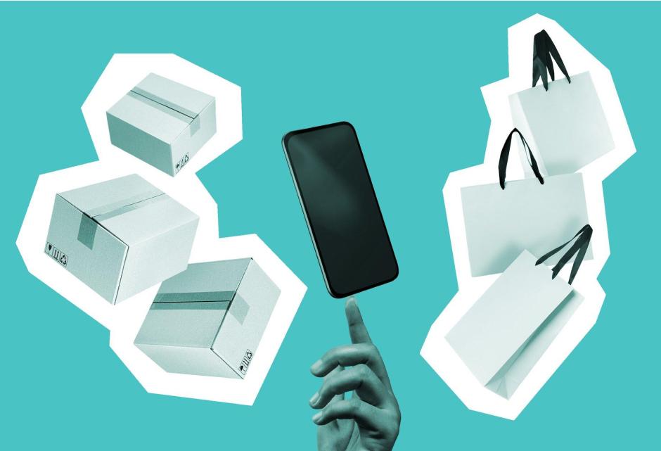 A collage of black and white photos of boxes, shopping bags and a smartphone with a hand pointing to it against a turquoise background.
