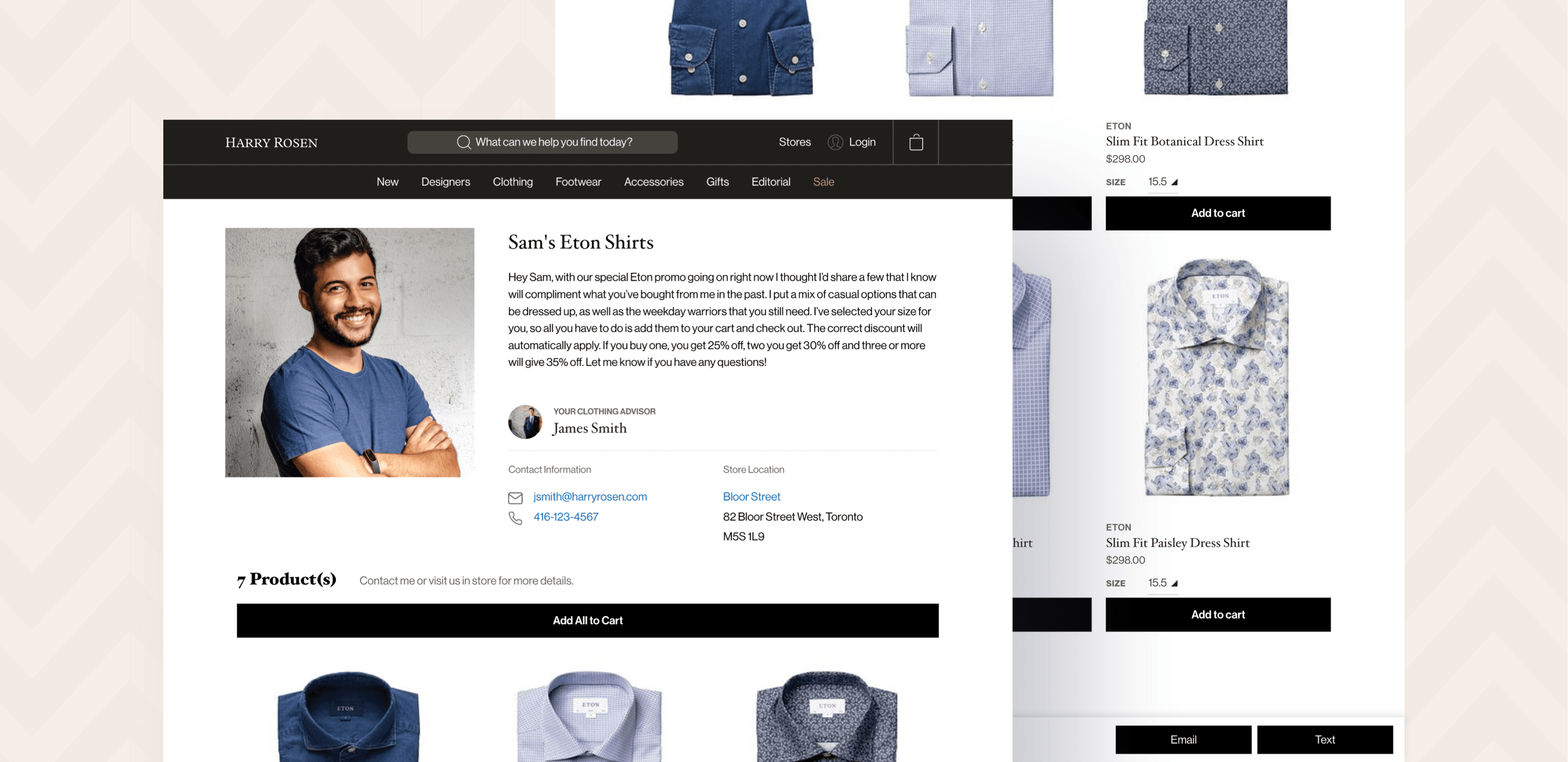 Screenshots of the Harry Rosen online shopping experience with personalized shopping suggestions.