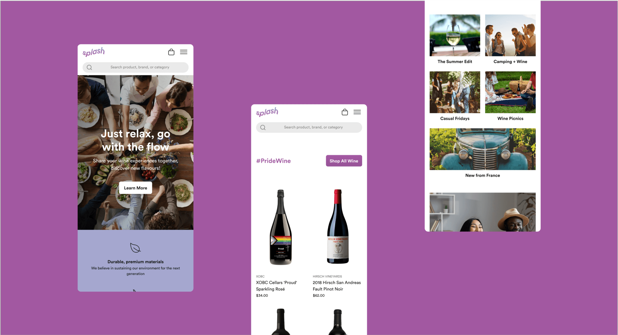 Three screenshots of Orium's Mobile Accelerator on the Splash wines mobile app.