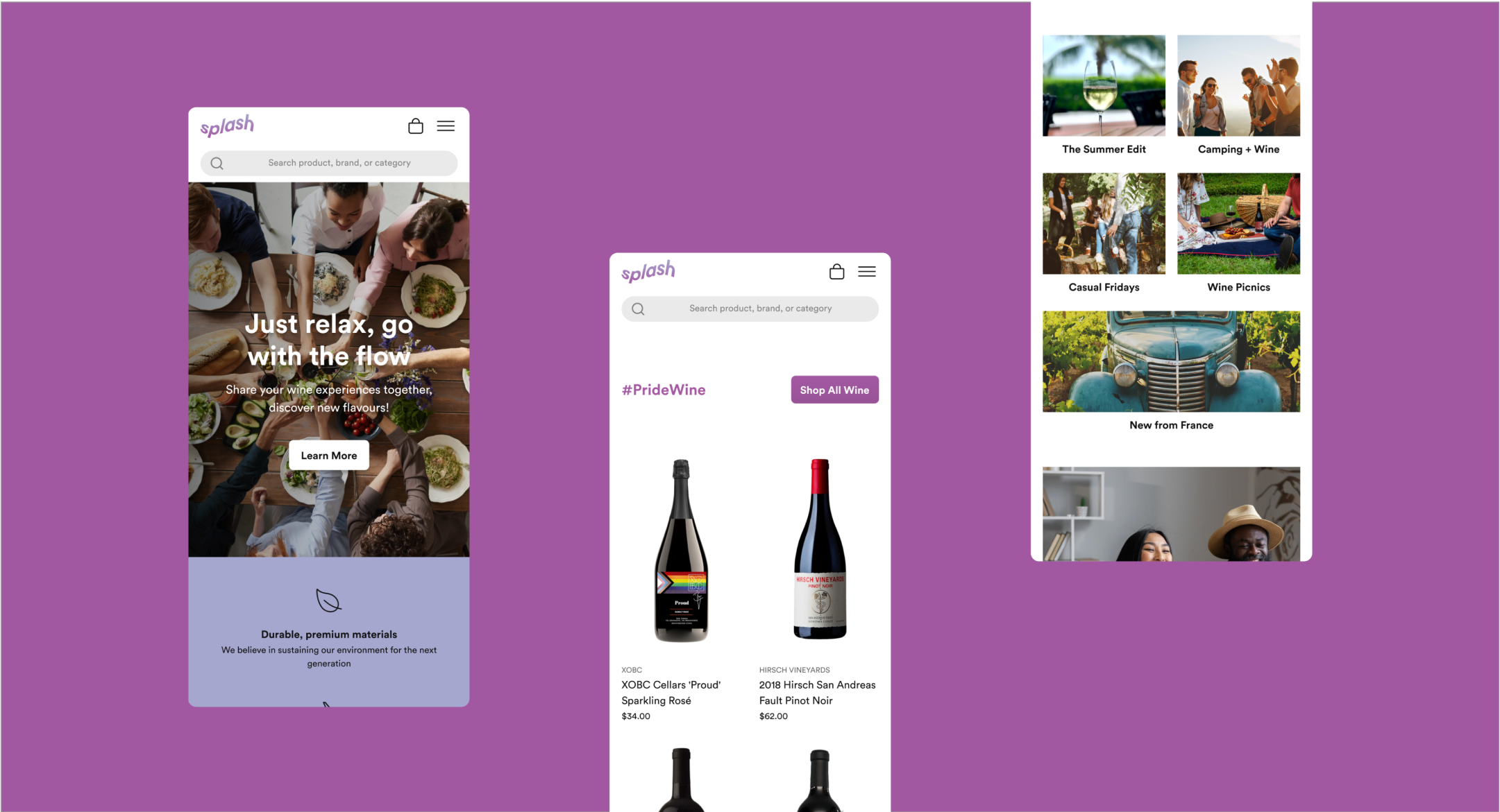 Three screenshots of Orium's Mobile Accelerator on the Splash wines mobile app.